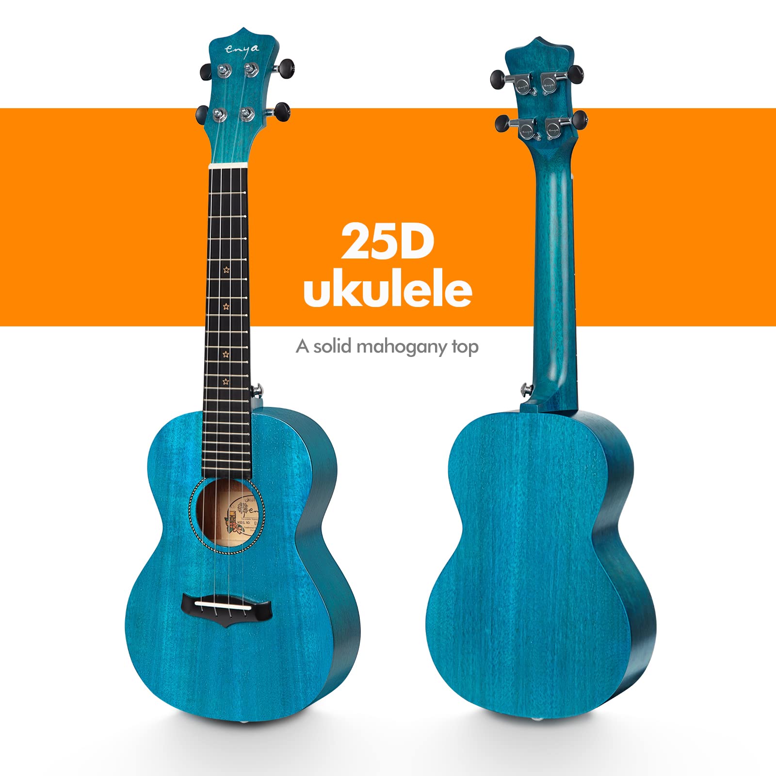 Enya Concert Ukulele 23 Inch Blue Solid Mahogany Top with Ukulele Starter Kit Includes Online Lessons, Tuner,Case, Strap, Strings, Capo, Sand Shaker, Pick,Polish Cloth (EUC-25D BU)