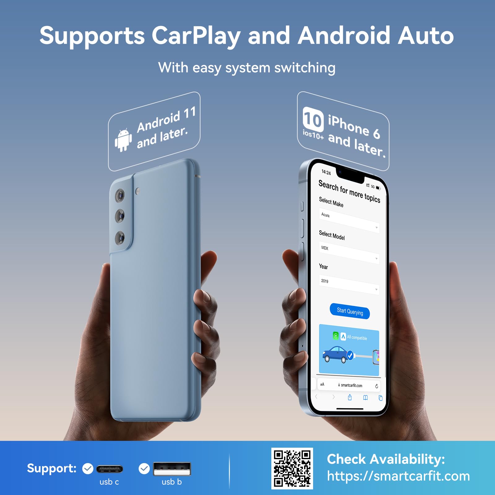 Wireless CarPlay Adapter 2024 Upgraded, 2 in 1 Wireless CarPlay &amp; Android Auto Adapter Converts Factory Wired CarPlay to Wireless, Plug and Play Car Play Wireless Adapter, Compatible iPhone/Android