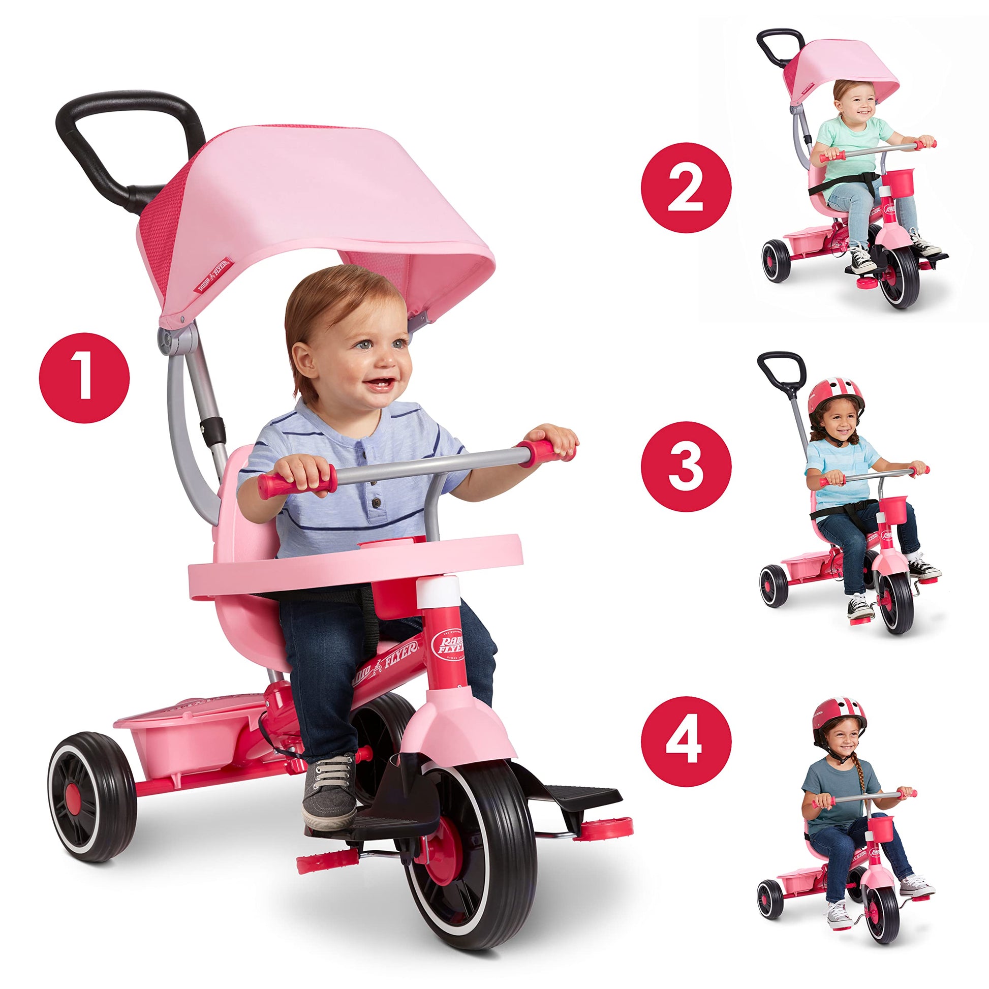 Radio Flyer Pedal &amp; Push 4-in-1 Stroll 'N Trike, Pink Tricycle, Tricycle for Toddlers Age 1-5, Toddler Bike (Amazon Exclusive), Large