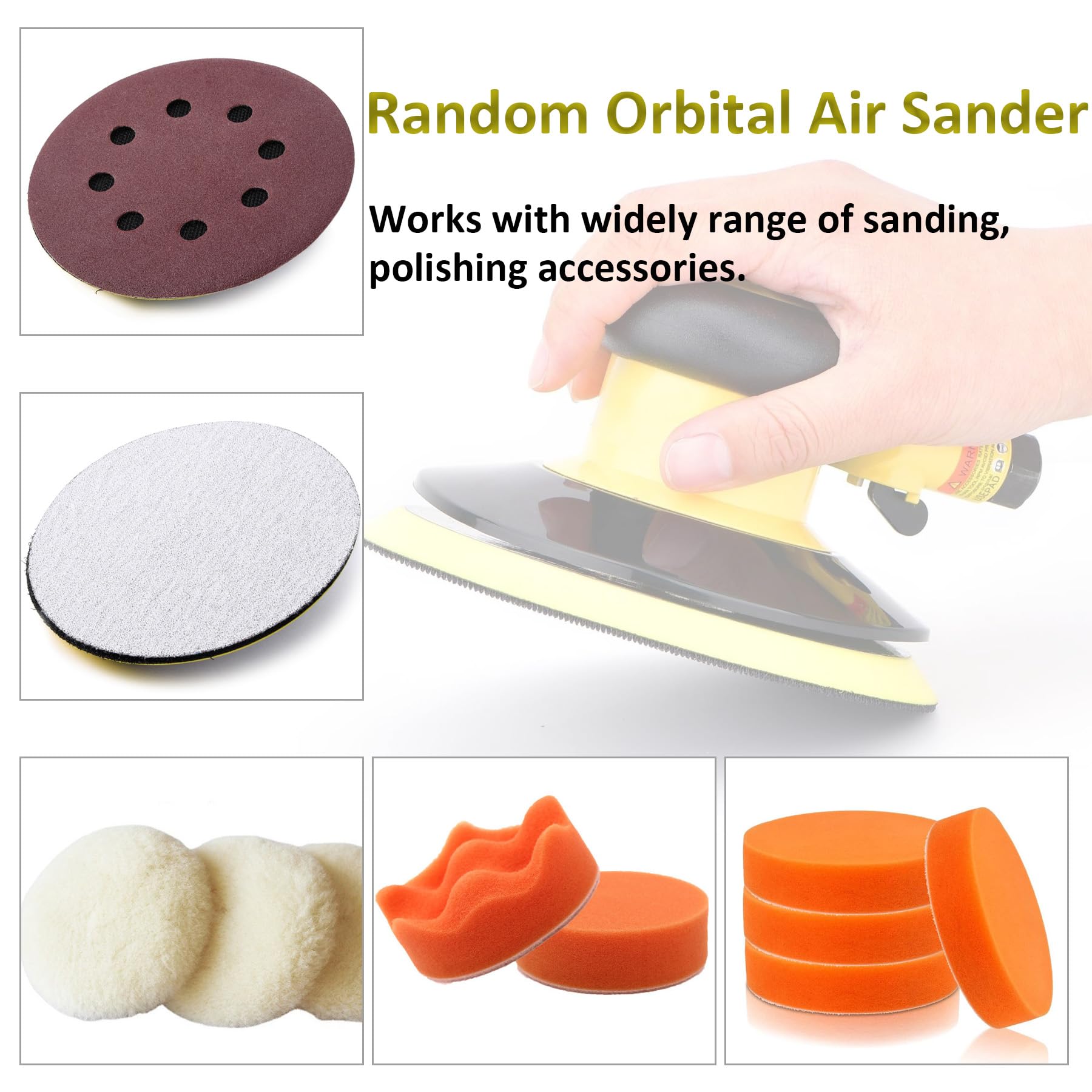 Professional Air Random Orbital Palm Sander, Dual Action Pneumatic Sander, Low Vibration, Heavy Duty