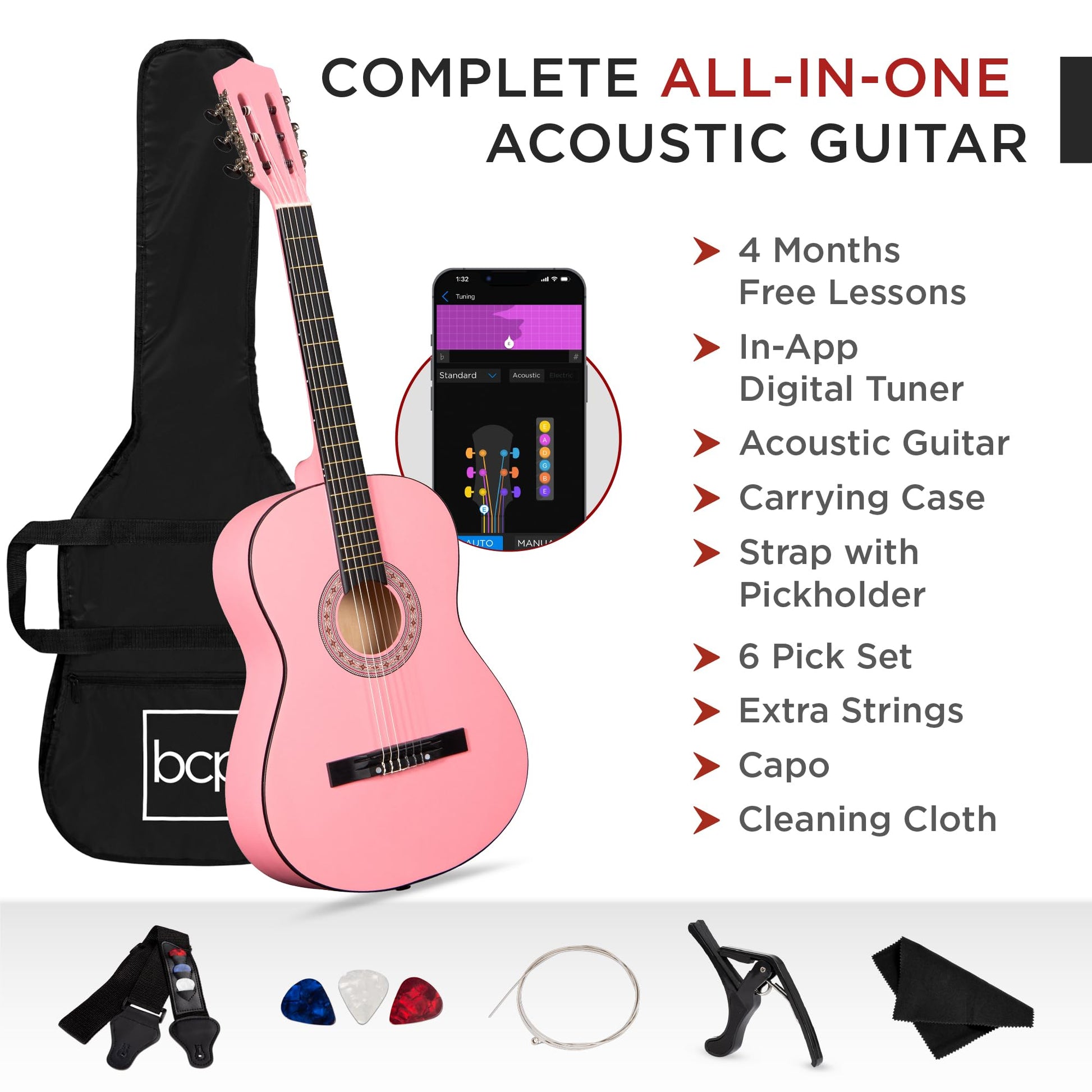 Best Choice Products 30in Kids Acoustic Guitar, All-in-One Beginner Starter Kit w/Strap, Case, Extra Strings, Rosette Inlay - Black