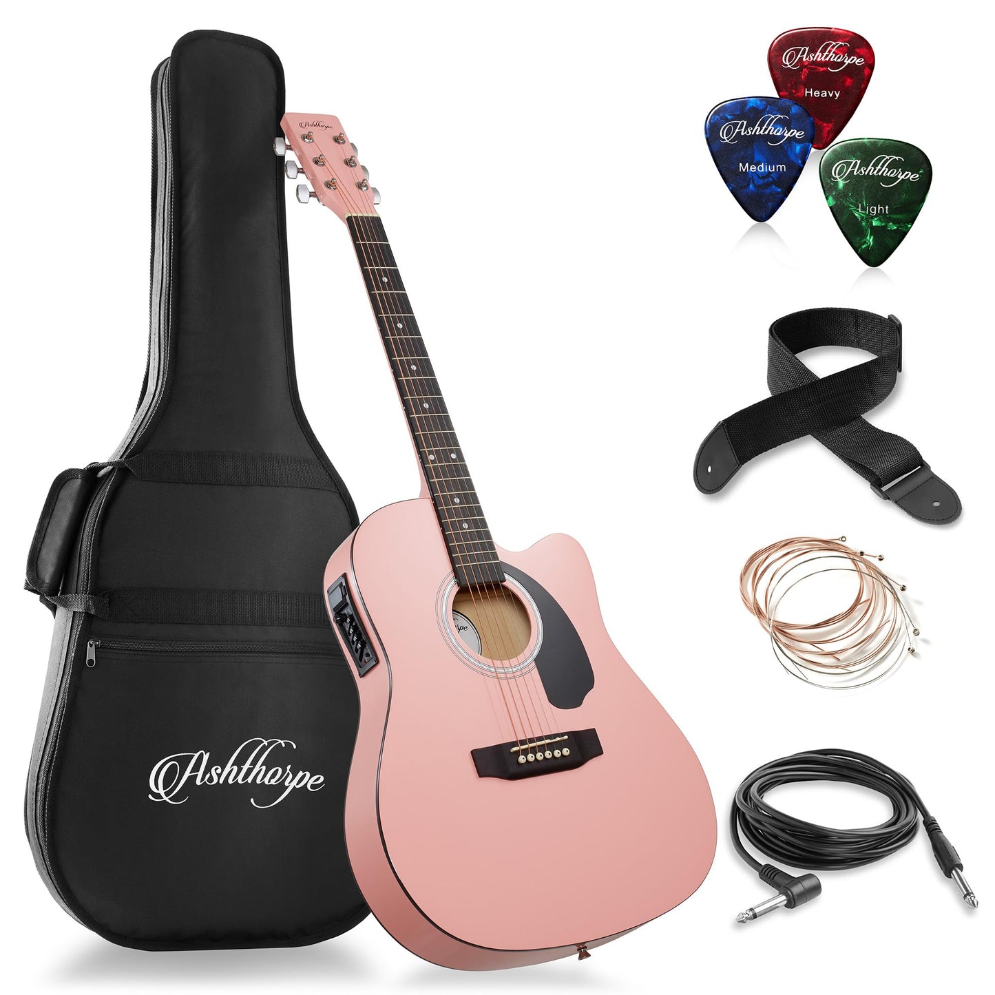 Ashthorpe Full-Size Cutaway Thinline Acoustic-Electric Guitar Package - Premium Tonewoods - Black