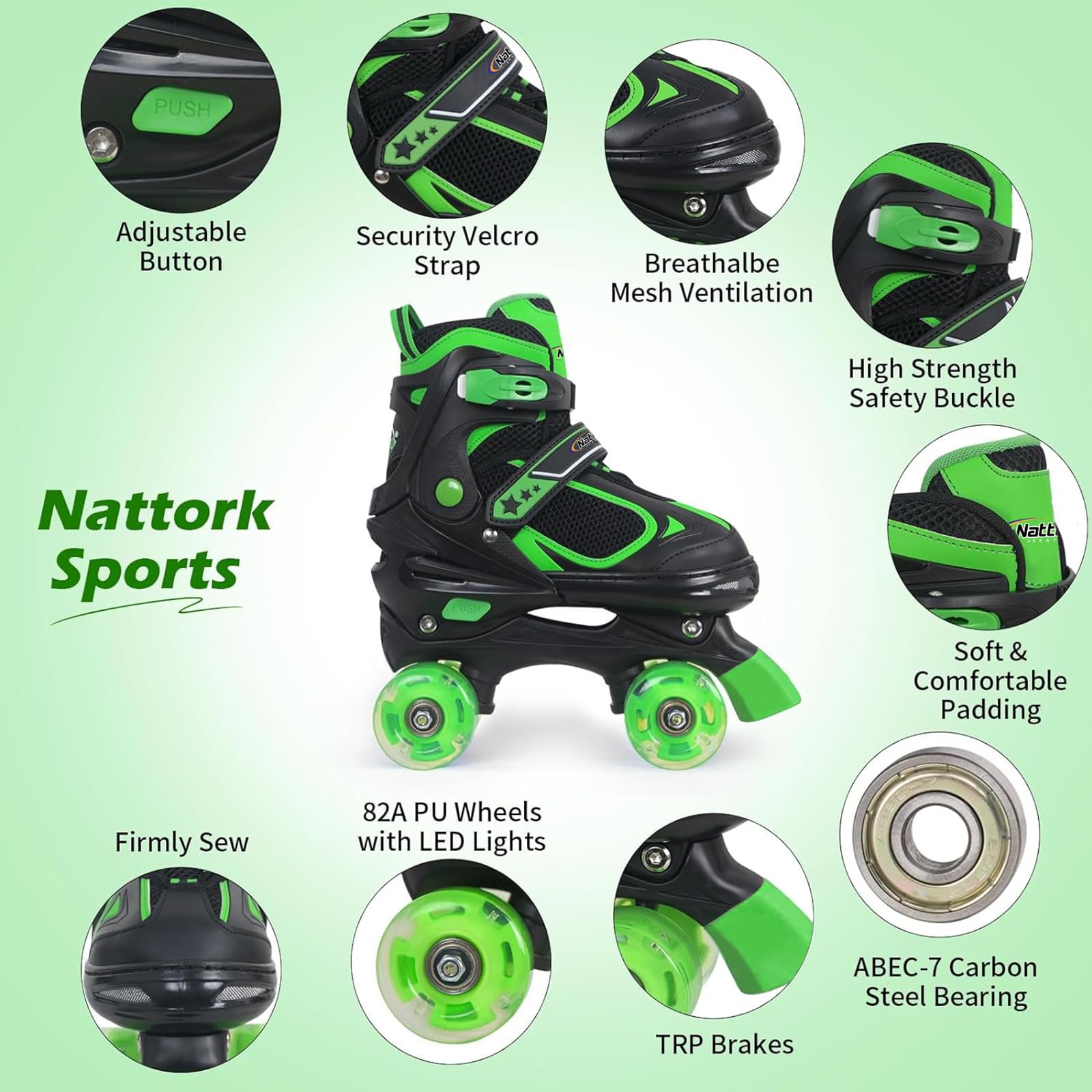 Nattork Kids Roller Skates for Boys Girls Kids, 4 Sizes Adjustable Quad Skates with All Light up Wheels - Birthday Gift for Indoor Outdoor Sports