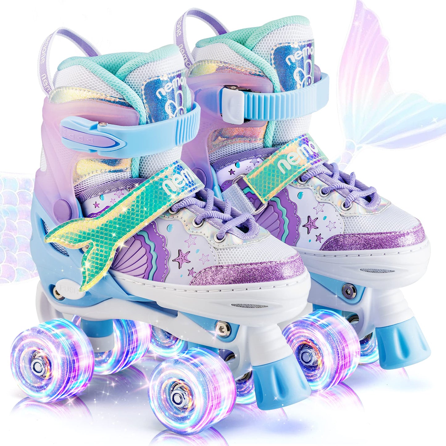 NEMONE Mermaid 4 Size Adjustable Light up Roller Skates for Girls, Purple Blue Skates for Toddlers, Beginner Kids Roller Skates Indoor Outdoor