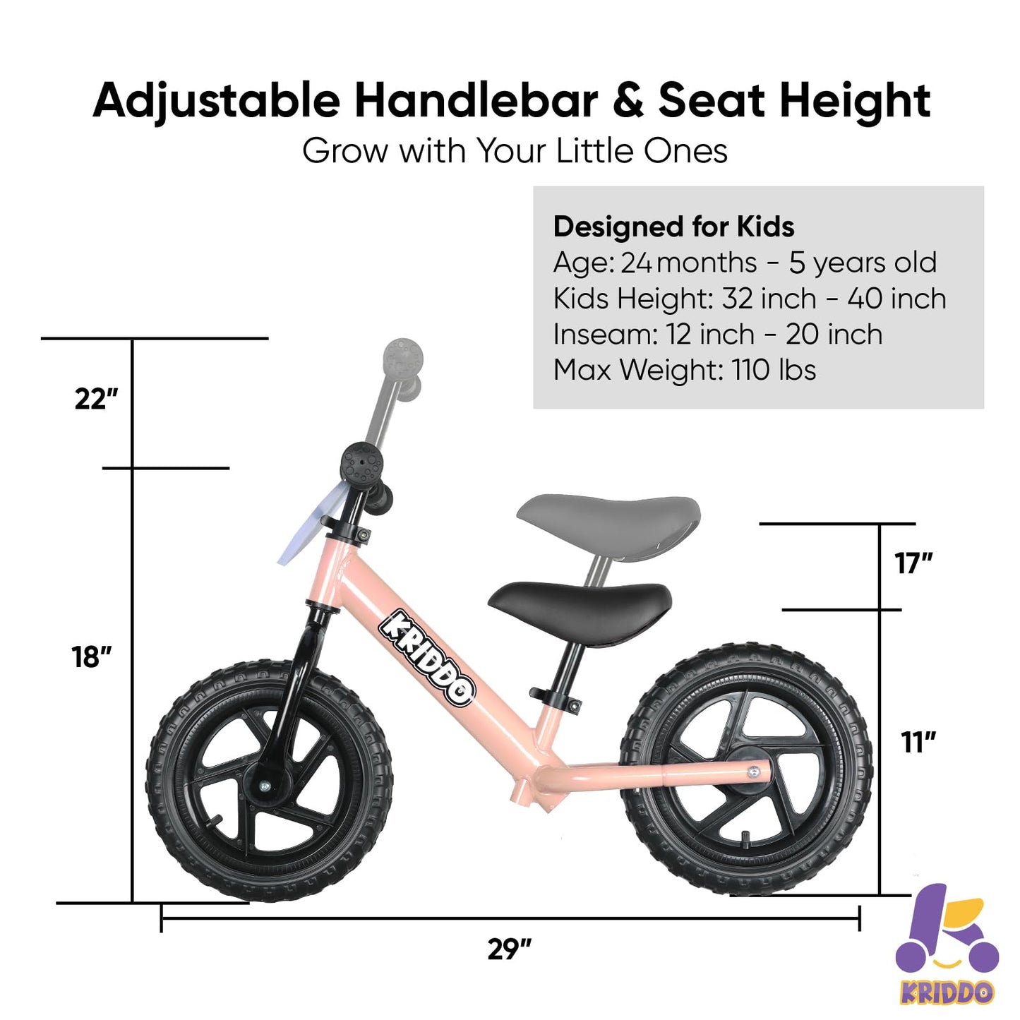 KRIDDO Toddler Balance Bike 2 Year Old, Age 24 Months to 5 Years Old, 12 Inch Push Bicycle with Customize Plate (3 Sets of Stickers Included), Steady Balancing, Gift Bike for 2-3 Boys Girls