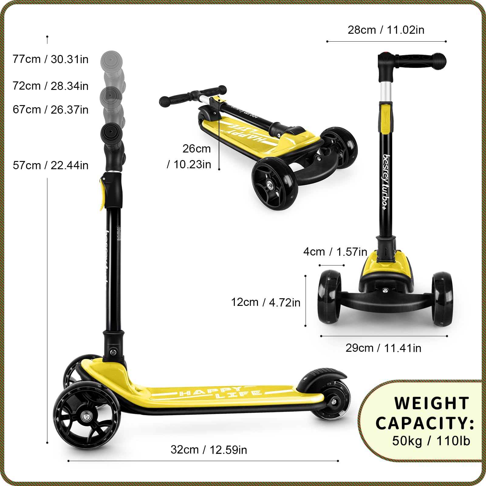 besrey Kick Scooter for Kids Ages 3-10, 3 Wheel Scooter for Kids with Adjustable Height, Folding Kids Scooter with LED Light Wheels Rear Brak Extra Wide Deck Outdoor Activities for Boys/Girls