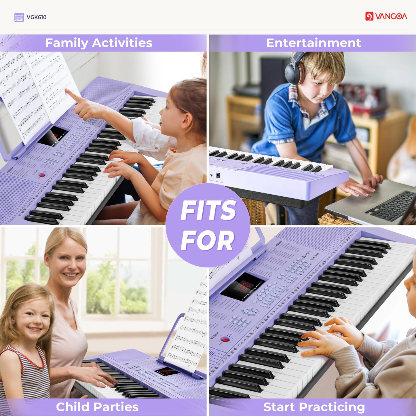 Vangoa 61-Key Light-Up Keyboard Piano for Beginners, 350 Tones &amp; Timbres, 3 Teaching Modes, With Microphone, Black