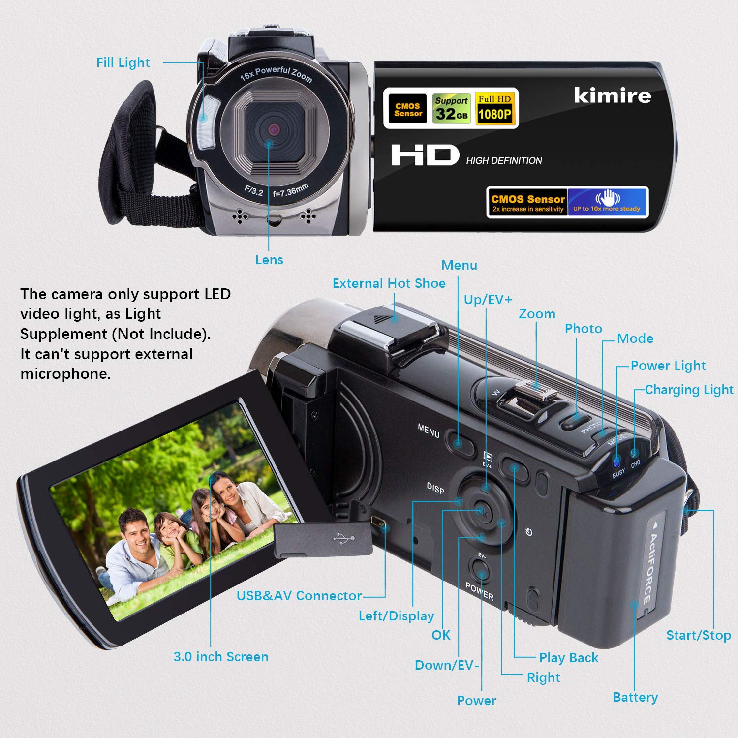 Video Camera Camcorder Digital Camera Recorder Full HD 1080P 15FPS 24MP 3.0 Inch 270 Degree Rotation LCD 16X Digital Zoom Camcorder Camera with 2 Batteries(Black)