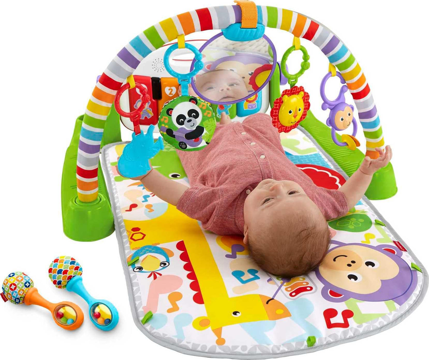 Fisher-Price Baby Gift Set Glow and Grow Kick &amp; Play Piano Gym Blue Playmat &amp; Musical Learning Toy with 2 Rattle Maracas for Newborns Ages 0+ Months