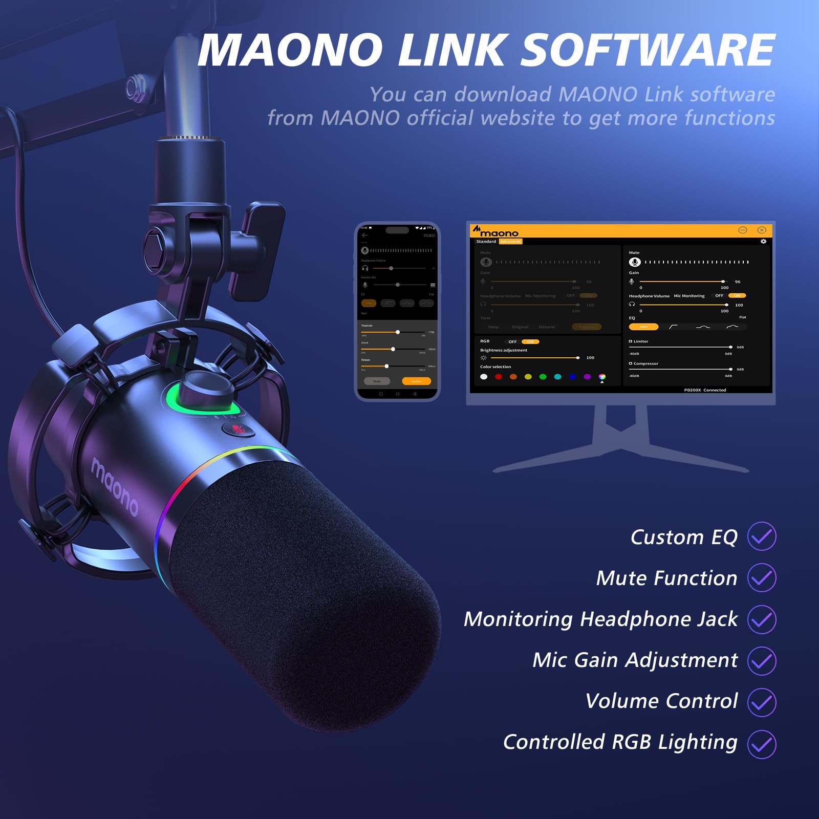 MAONO XLR/USB Dynamic Microphone Kit, RGB Podcast Mic with Software, Mute, Gain Knob, Volume Control, Boom Arm for Streaming, Gaming, Voice-Over, Recording-PD200XS Black