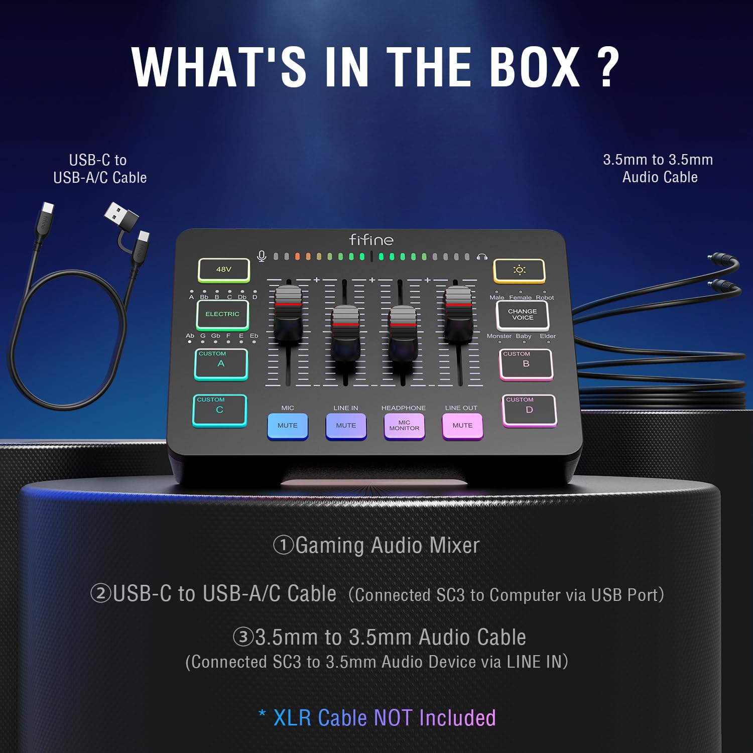 FIFINE Gaming Audio Mixer, Streaming RGB PC Mixer with XLR Microphone Interface, Individual Control, Volume Fader, Mute Button, 48V Phantom Power, for Podcast/Recording/Vocal/Game Voice-AmpliGame SC3