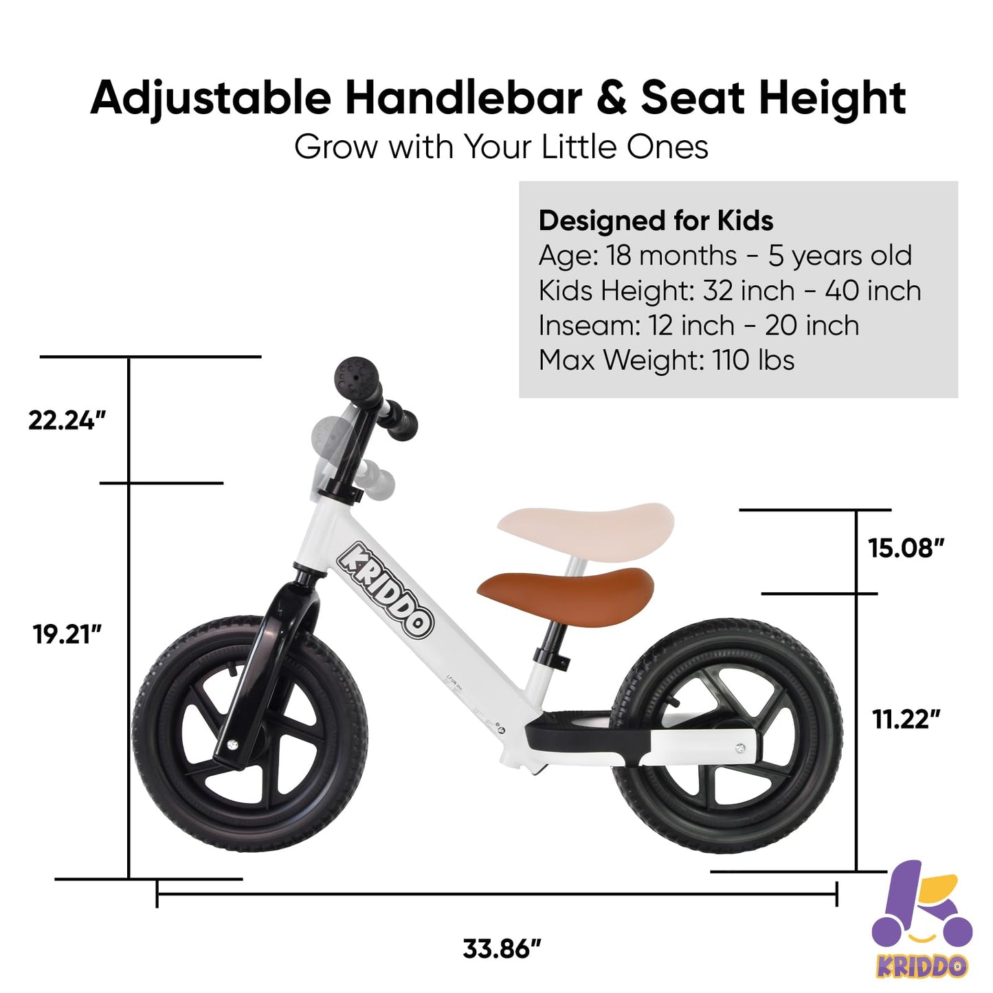 KRIDDO Toddler Balance Bike 2 Year Old, Age 24 Months to 5 Years Old, 12 Inch Push Bicycle with Customize Plate (3 Sets of Stickers Included), Steady Balancing, Gift Bike for 2-3 Boys Girls