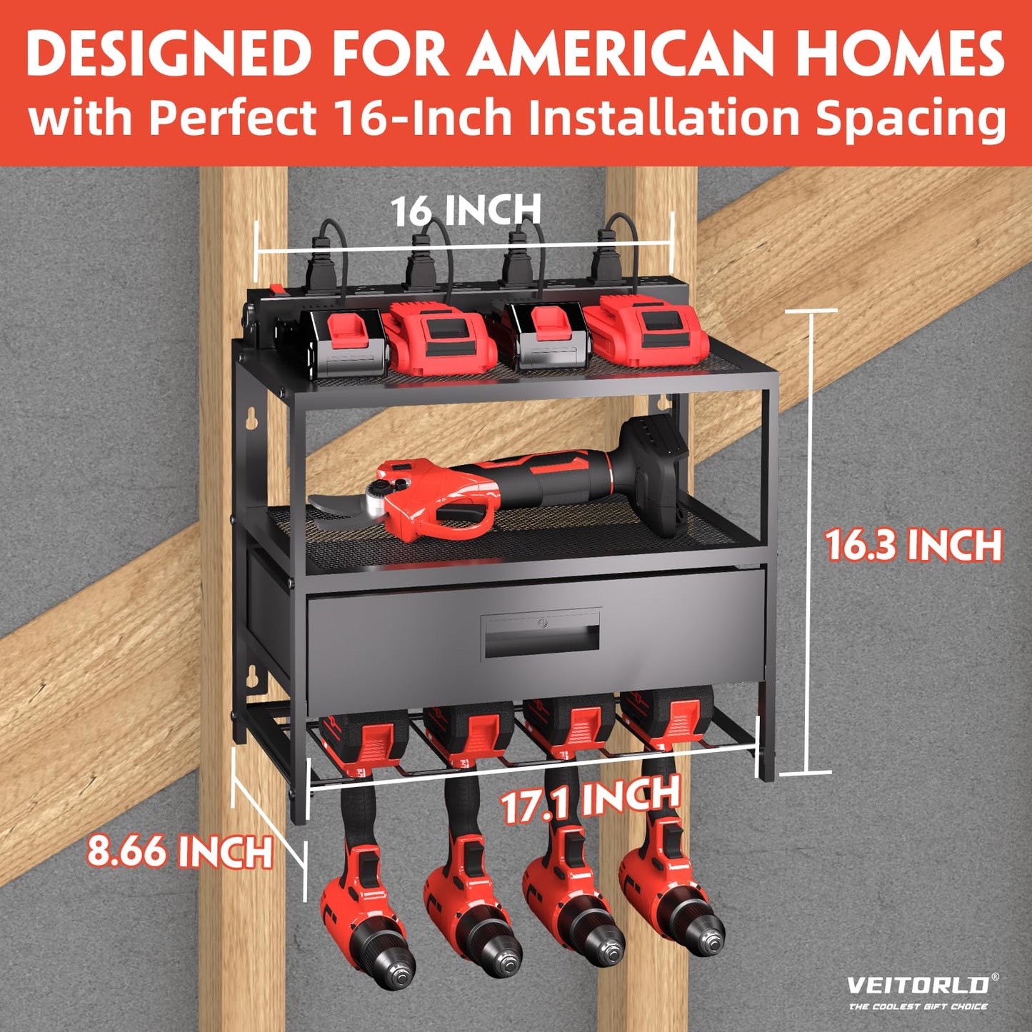 Veitorld Power Tool Organizer with Charging Station, Garage Tool Storage Organizer Built in 8 Outlet Power Strip with Drawers, 6 Drill Holder Wall Mount, Gifts for Men Dad Husband Him Fathers Day