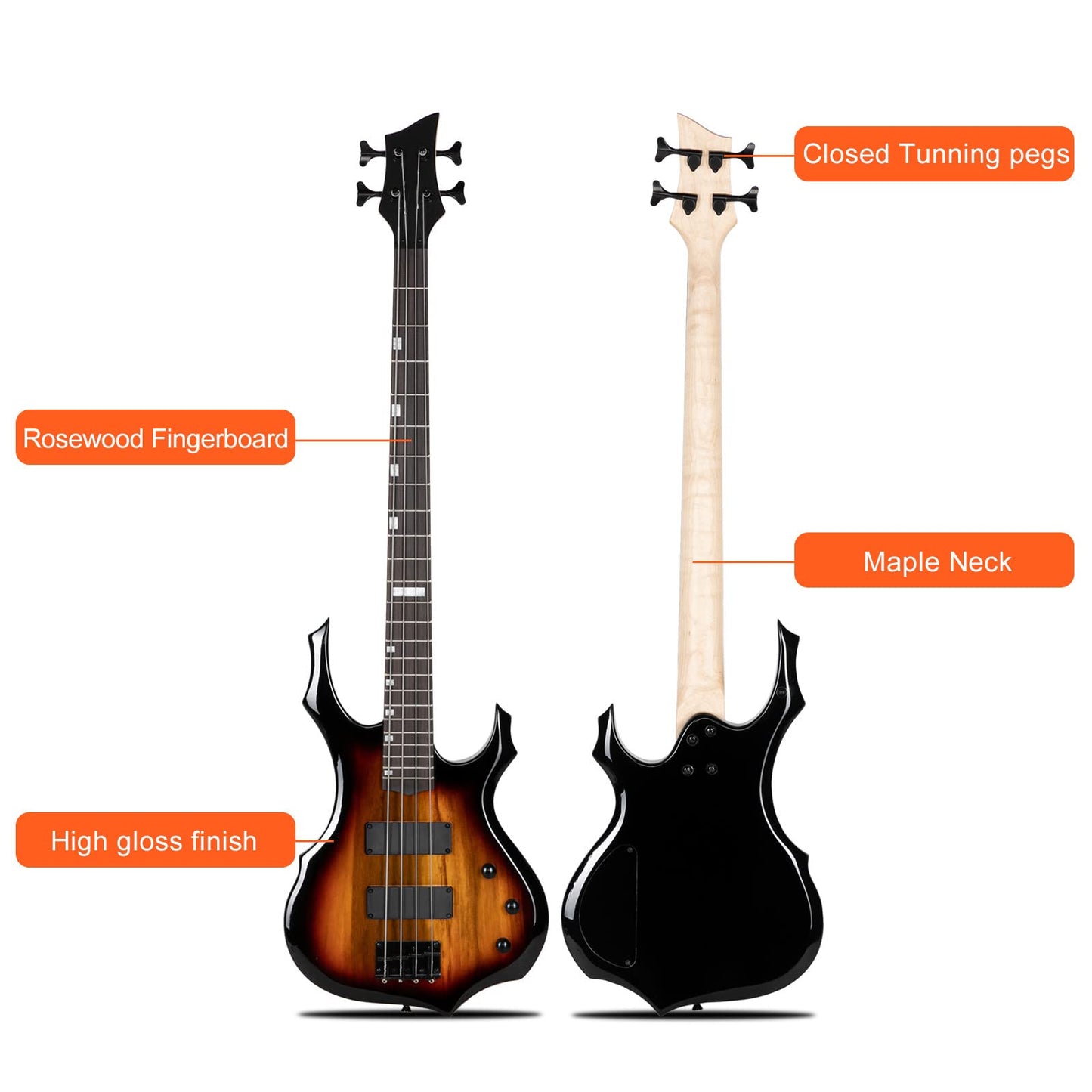 Ktaxon Electric Bass Guitar Full Size Flame Design Bass Set with 20 Watt Amplifier, Portable Bass Bag, Superior Amp Wire, Adjustable Guitar Strap, Plectrum, Wrench Tool(Black)