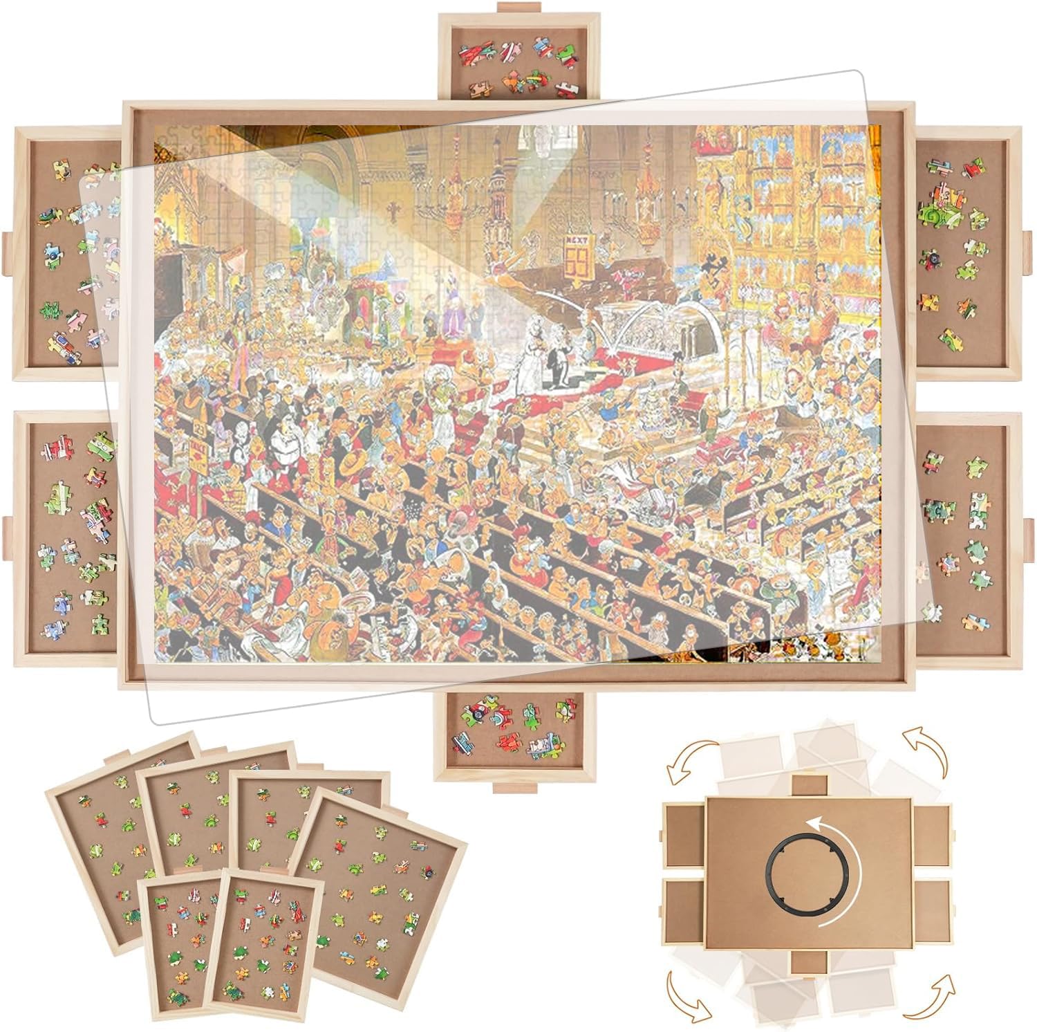 1000 Pieces Rotating Puzzle Board with 6 Drawers,30.9"x23.2" Portable Wooden Jigsaw Puzzle Table with Lazy Susan Spinning Cover