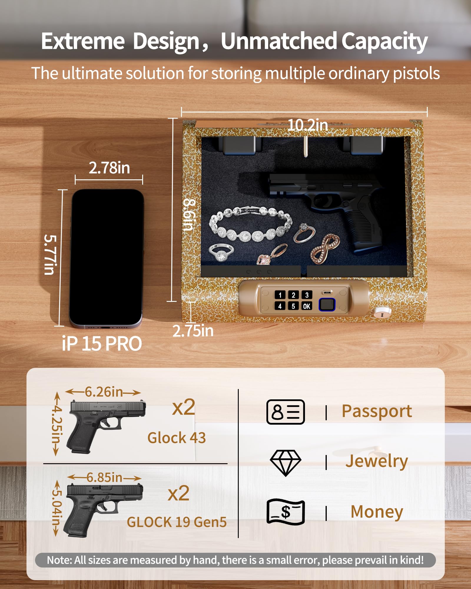 Gun Safe,Biometric Gun Safe for Pistols 3-Ways unlock Safe Fingerprint Digital PIN Key Unlock with Voice, Gun lock box for Cloakroom living room Bedroom Nightstand and Car BILLCONCH