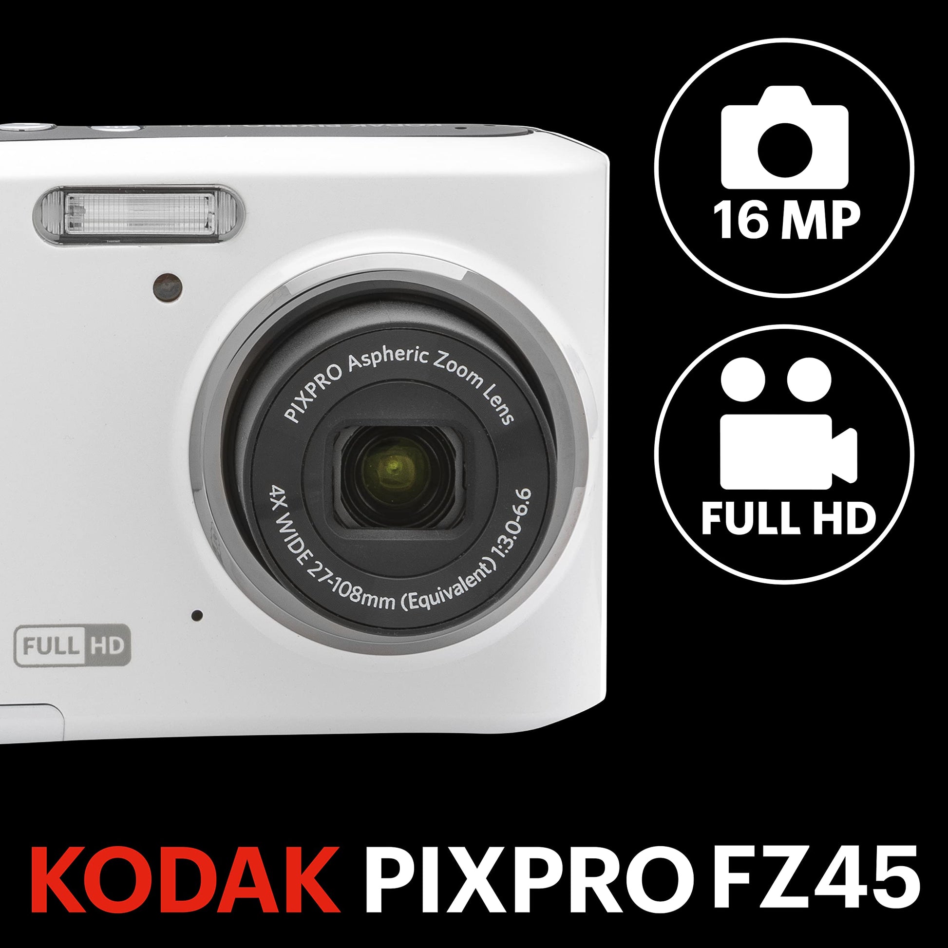 KODAK PIXPRO Friendly Zoom FZ45-BK 16MP Digital Camera with 4X Optical Zoom 27mm Wide Angle and 2.7" LCD Screen (Black)