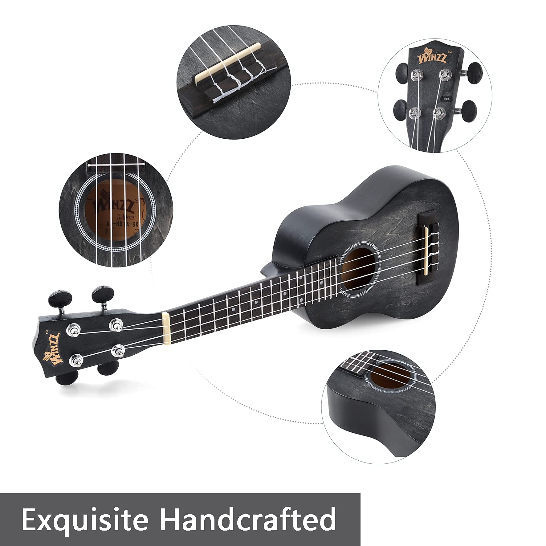 WINZZ HAND RUBBED Series - 21 Inches Soprano Ukulele Vintage Hawaiian Uke with Online Lessons, Bag, Tuner, Strap, Extra Strings, Fingerboard Sticker, Black