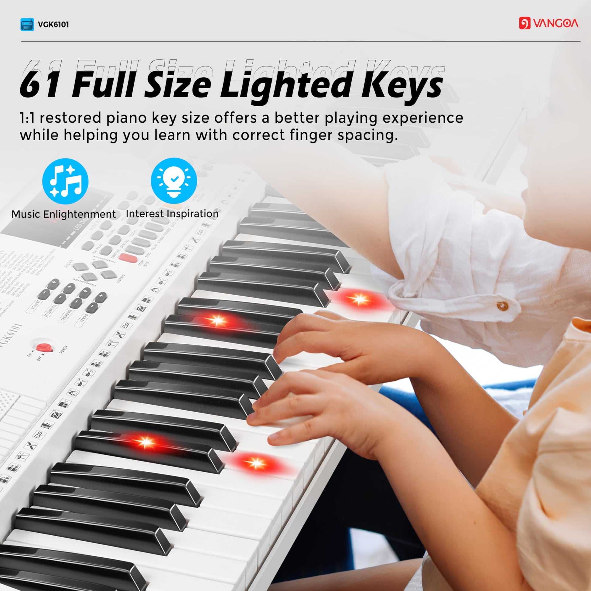 Vangoa 61-Key Light-Up Keyboard Piano for Beginners, 350 Tones &amp; Timbres, 3 Teaching Modes, With Microphone, Black