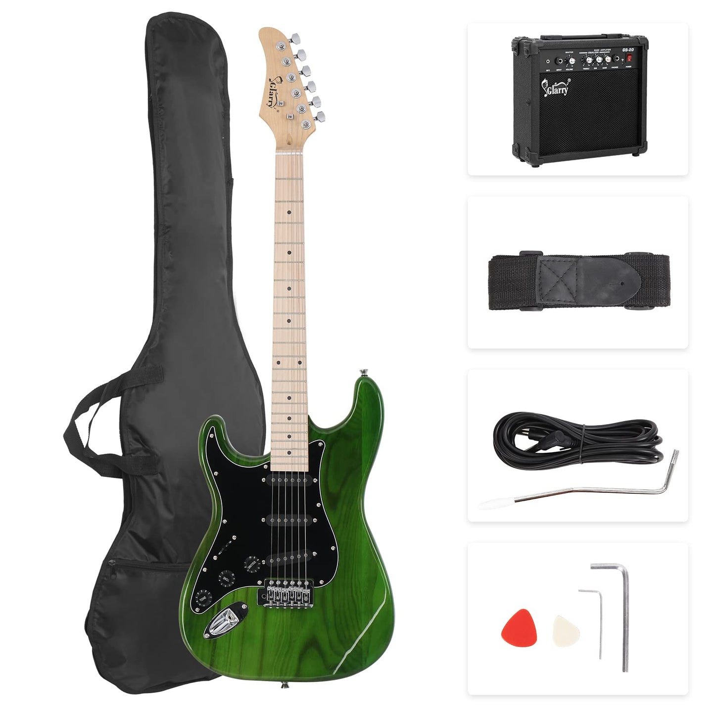 GLARRY Full Size Electric Guitar for Music Lover Beginner with 20W Amp and Accessories Pack Guitar Bag (Green)