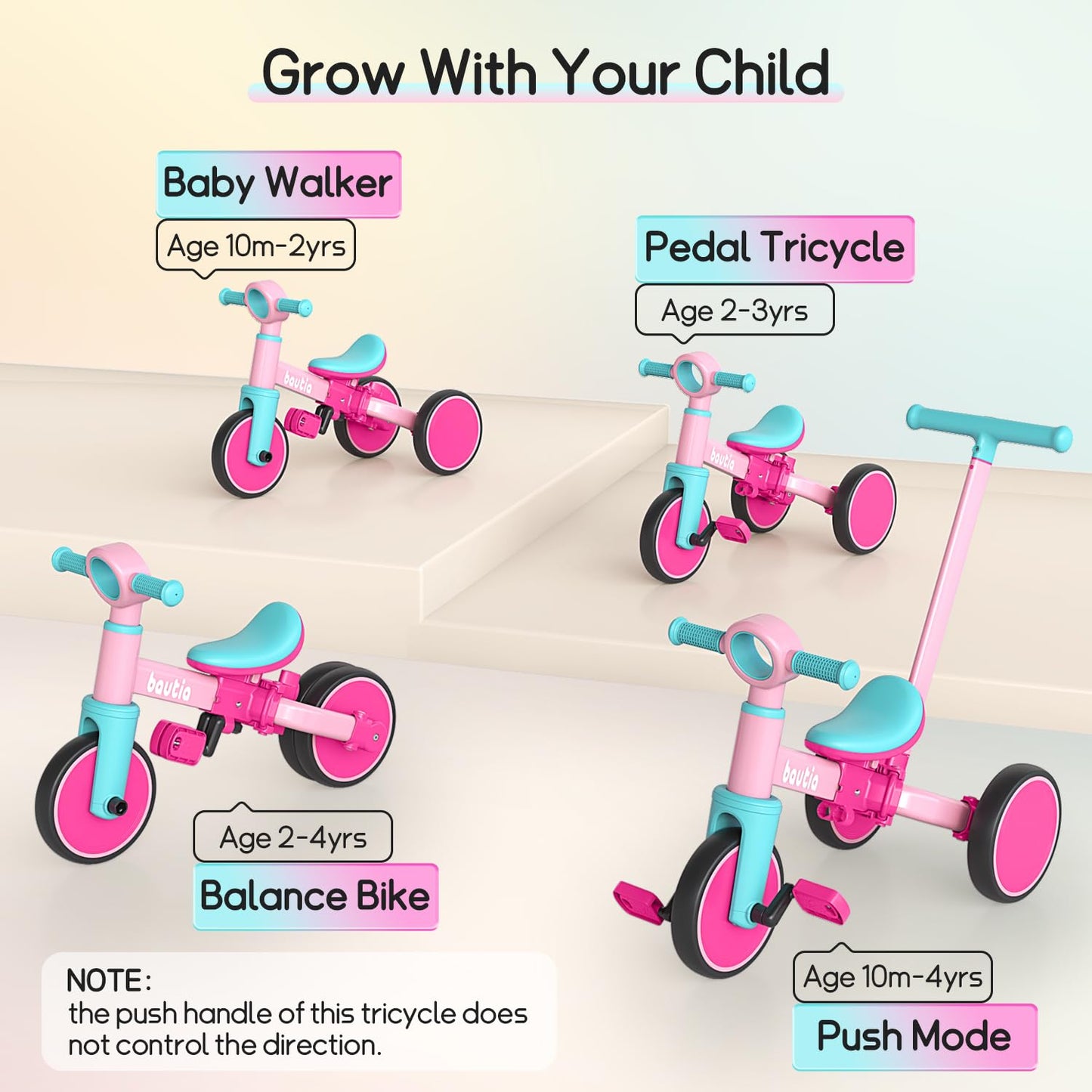 Tricycle for Toddlers 1-3 with Push Handle, 5 in 1 Baby Balance Bike for 1-4 Years Old Kids Toy, Boys Girls Bicycle Gift with Removable Pedals, Black (No Parent Steering Version)