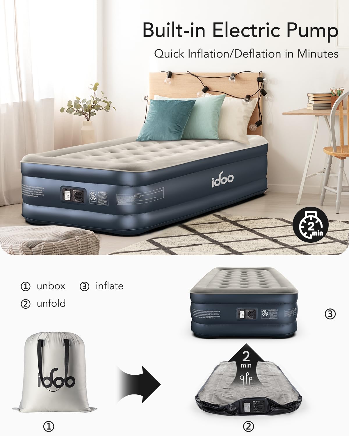 iDOO Queen Air Mattress with Built in Pump, 18 Raised Comfort Blow up Mattress, Upgraded Four Chamber Airbed, Inflatable Mattress for Guests and Home, colchon inflable, Air Bed, 650 lbs Max