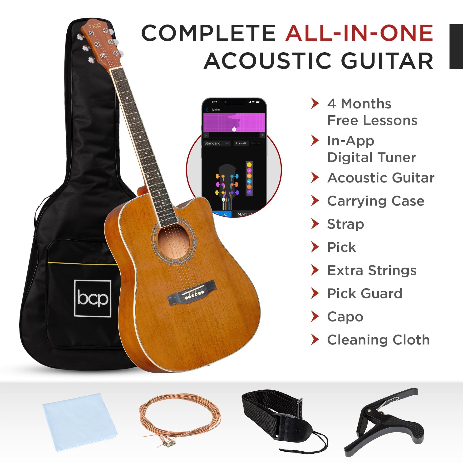 Best Choice Products 41in Beginner Acoustic Guitar Full Size All Wood Cutaway Guitar Starter Set w/Case, Strap, Capo, Strings, Picks - Aged Natural