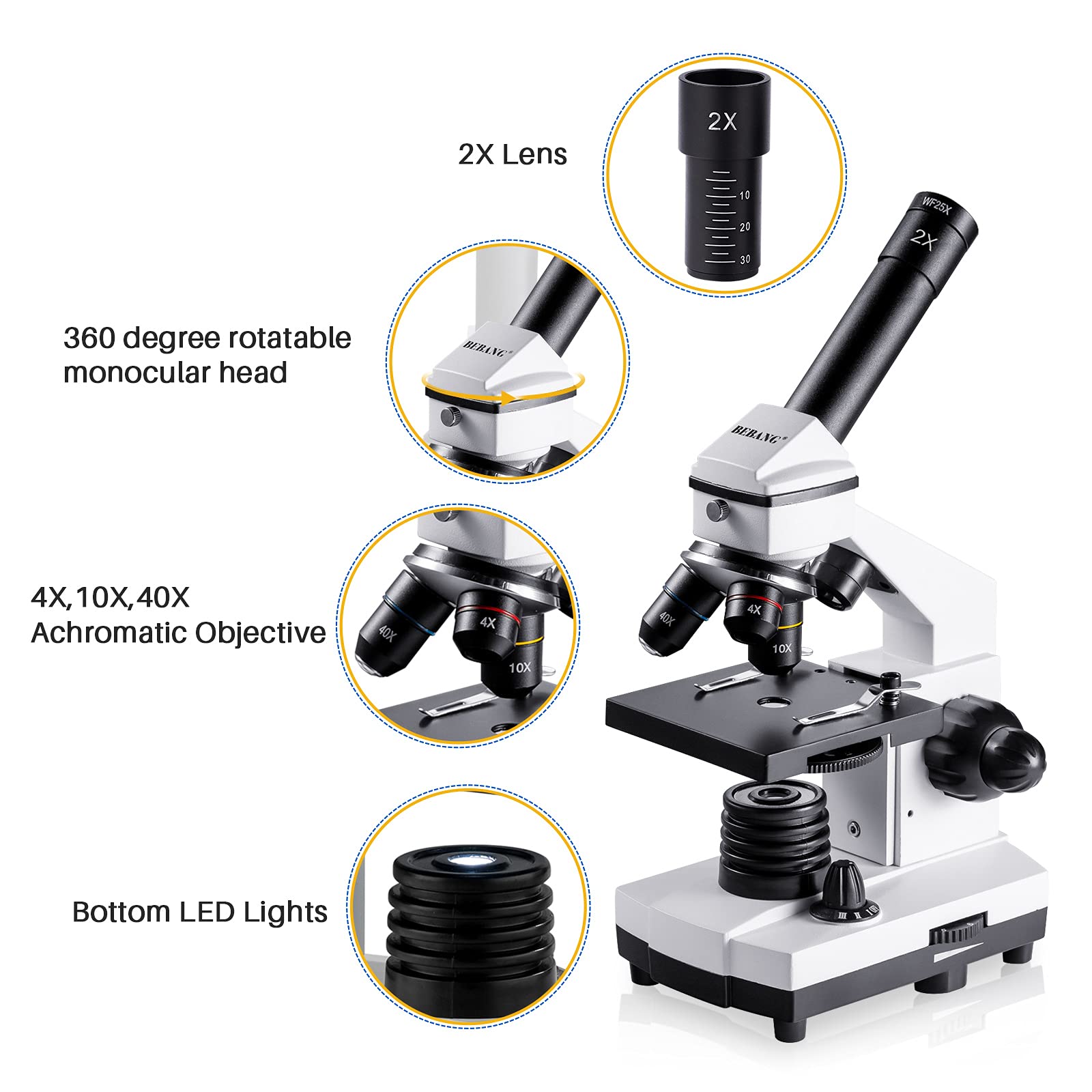 Microscope for Adults Kids, 100X-2000X BEBANG Compound Microscope with Microscope Slides, Microscope Kit for Kids Students Home School Lab