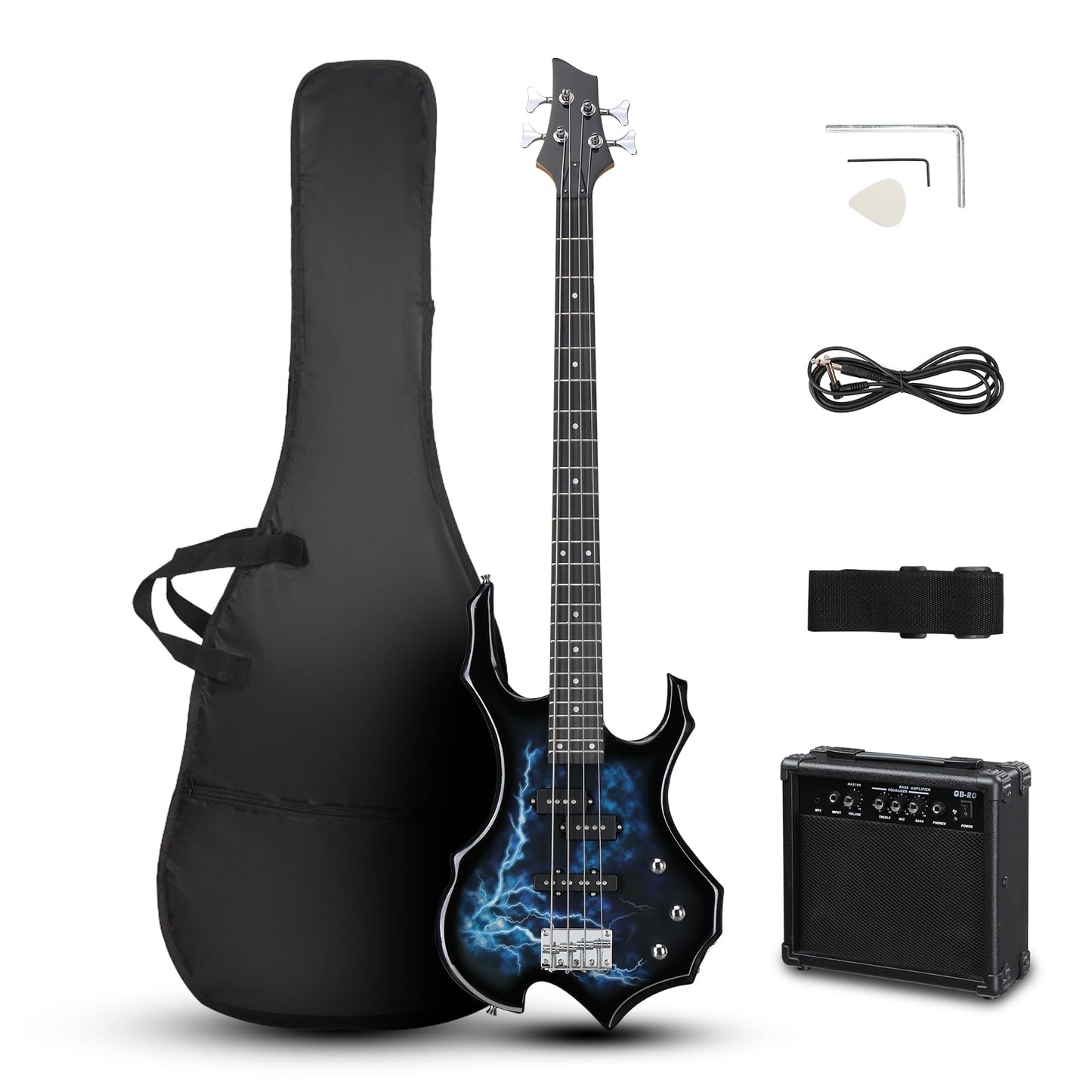 Ktaxon Electric Bass Guitar Full Size Flame Design Bass Set with 20 Watt Amplifier, Portable Bass Bag, Superior Amp Wire, Adjustable Guitar Strap, Plectrum, Wrench Tool(Black)