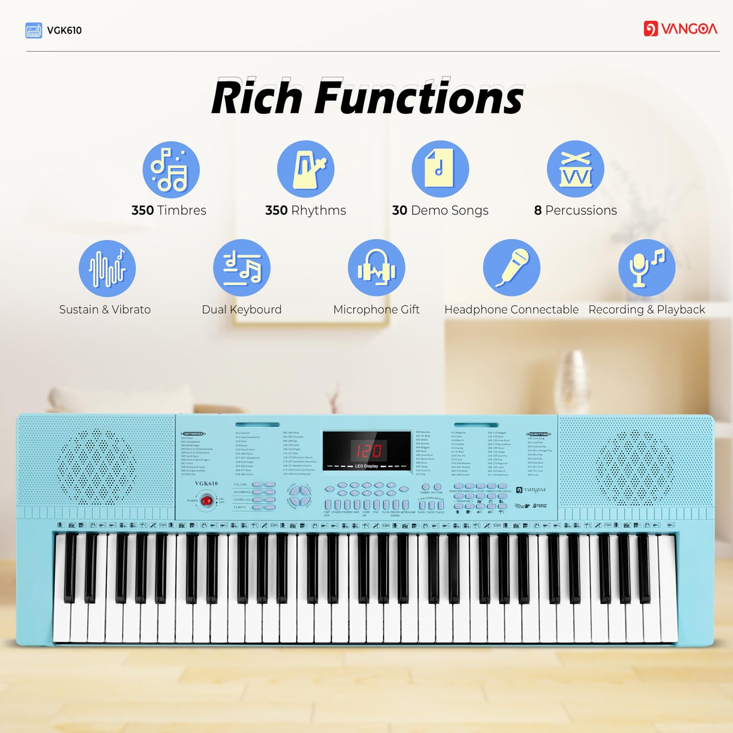 Vangoa 61-Key Light-Up Keyboard Piano for Beginners, 350 Tones &amp; Timbres, 3 Teaching Modes, With Microphone, Black