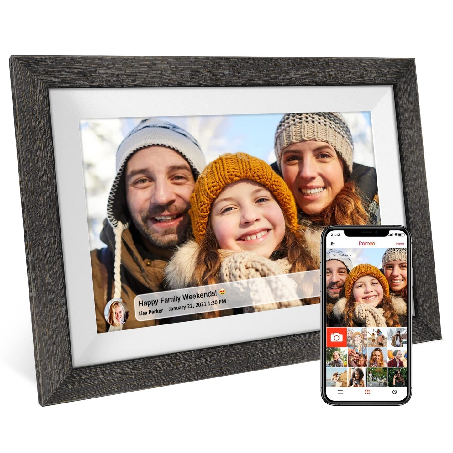 Frameo 10.1 inch Digital Picture Frame WiFi Smart Digital Photo Frame Wood IPS HD 1280 * 800 1080P Touch Screen Auto-Rotate Easy Setup to use Free Share Photos and Videos Gift for mon Father Women