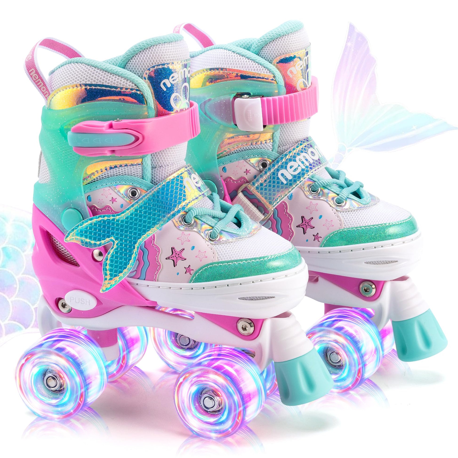 NEMONE Mermaid 4 Size Adjustable Light up Roller Skates for Girls, Purple Blue Skates for Toddlers, Beginner Kids Roller Skates Indoor Outdoor