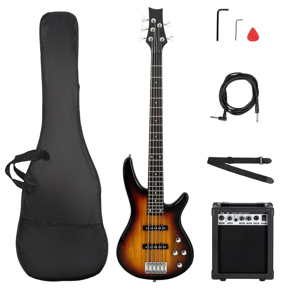 Ktaxon Electric Bass Guitar 4 String Bass Guitar with 20 Watt Amplifier, PJ Type Pickup, Naturally air-dried Maple Neck, Rosewood Fretboard, Basswood Body(Black)