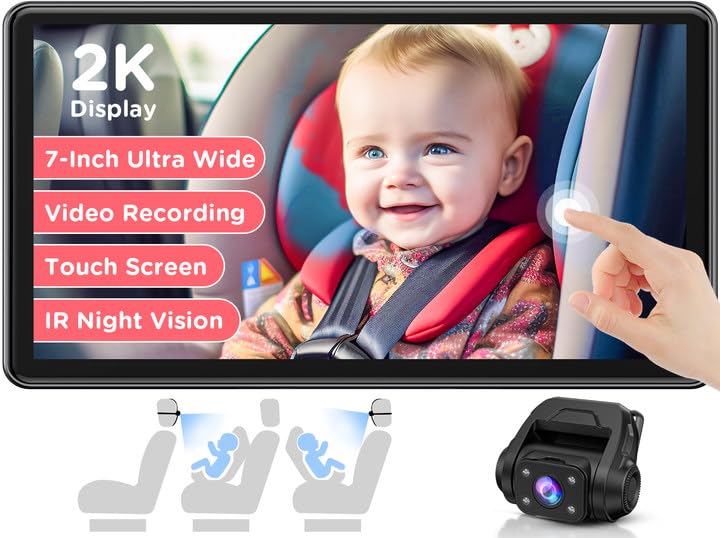 Baby Car Camera, 7'' 2K Mirror Monitor with Night Vision, Video Recording, and 3X Zoom for Clear Wide View of Rear-Facing Seat