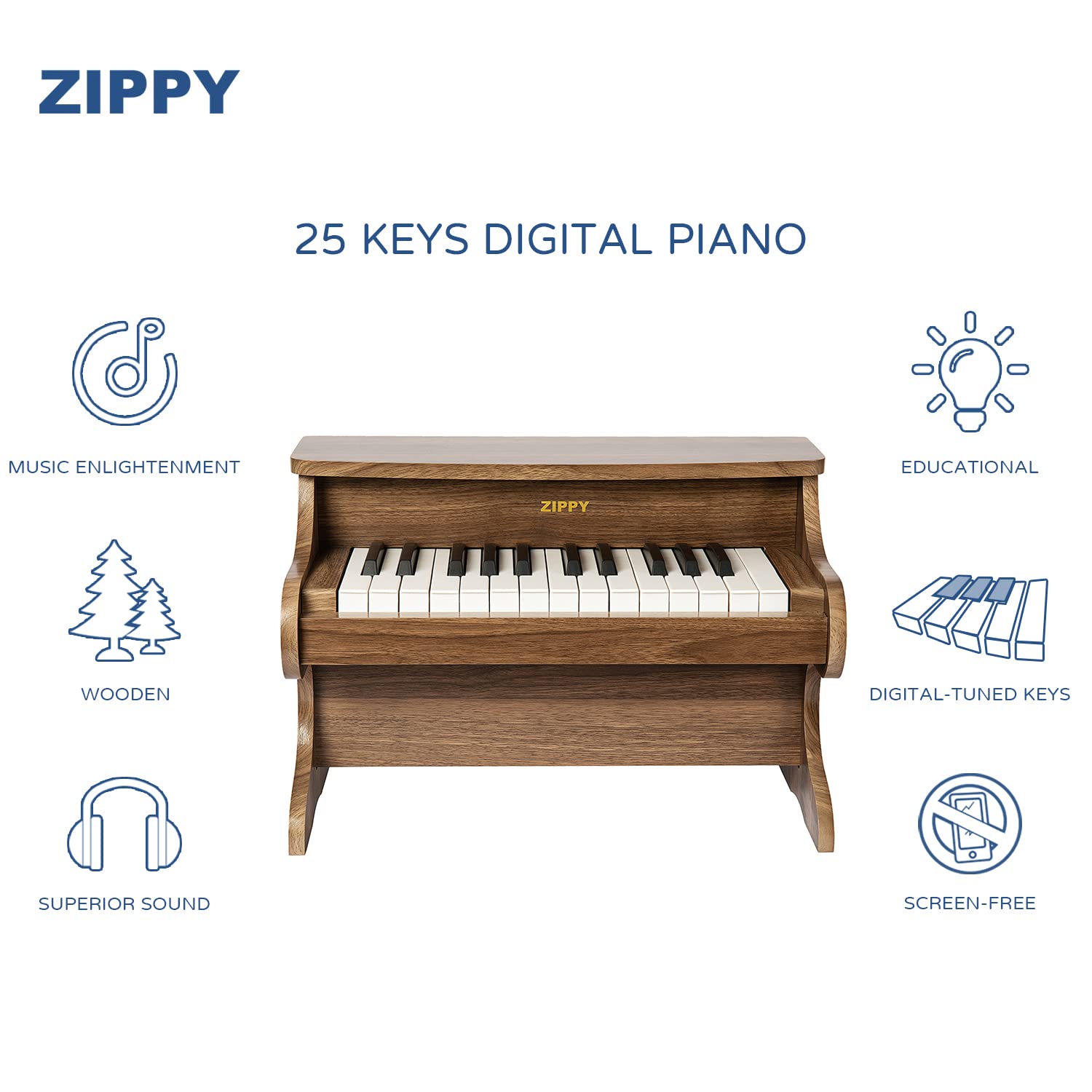 ZIPPY Kids Piano Keyboard, 25 Keys Digital Piano for Kids, Mini Music Educational Instrument Toy, Wood Piano for Toddlers Girls Boys, Black