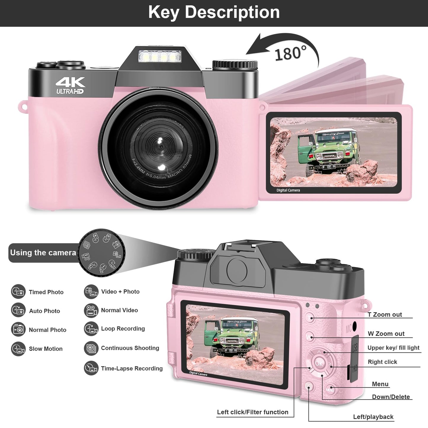 VETEK Digital Cameras for Photography, 4K 48MP Vlogging Camera 16X Digital Zoom Manual Focus Students Compact Camera with 52mm Wide-Angle Lens &amp; Macro Lens, 32G Micro Card and 2 Batteries (Pink)