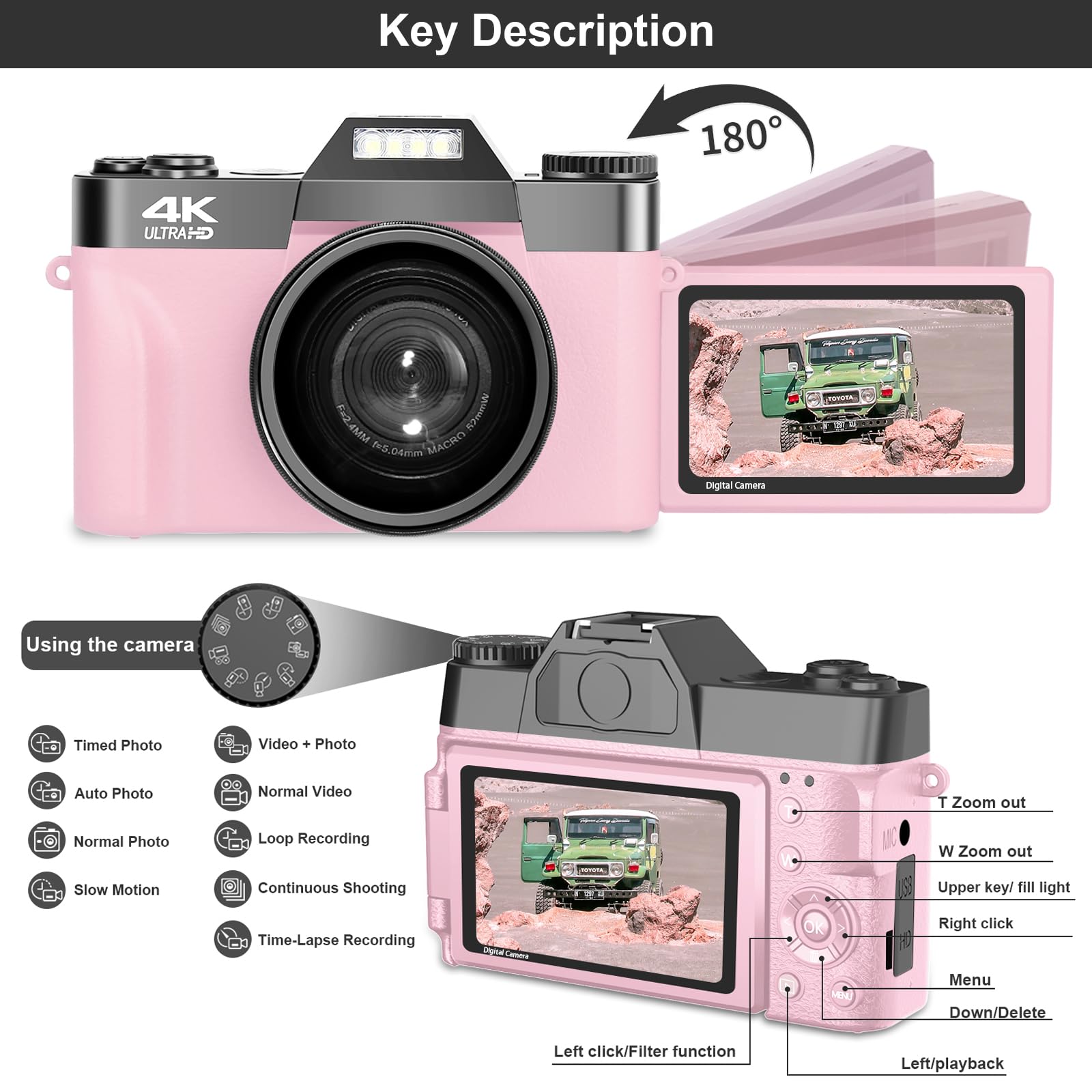 VETEK Digital Cameras for Photography, 4K 48MP Vlogging Camera 16X Digital Zoom Manual Focus Students Compact Camera with 52mm Wide-Angle Lens &amp; Macro Lens, 32G Micro Card and 2 Batteries (Pink)