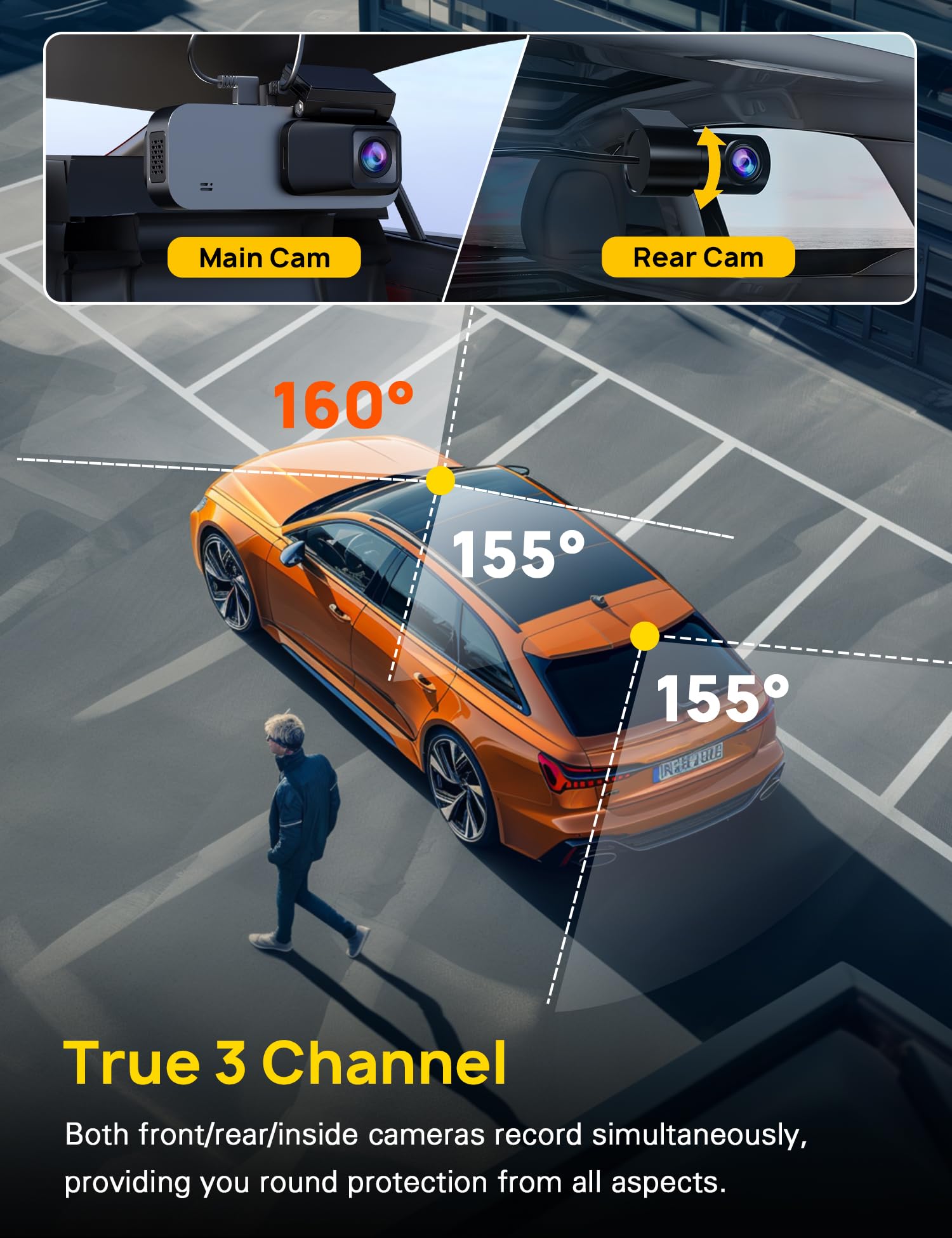 3 Channel 5GHz WiFi Dash Cam with 64GB Card, 2.5K+1080P Dash Cam Front and Rear/Inside, 2.5K+1080P+1080P Three Way Dash Camera for Cars, Dashcam 24H Parking Mode, Support 256GB Max Silver