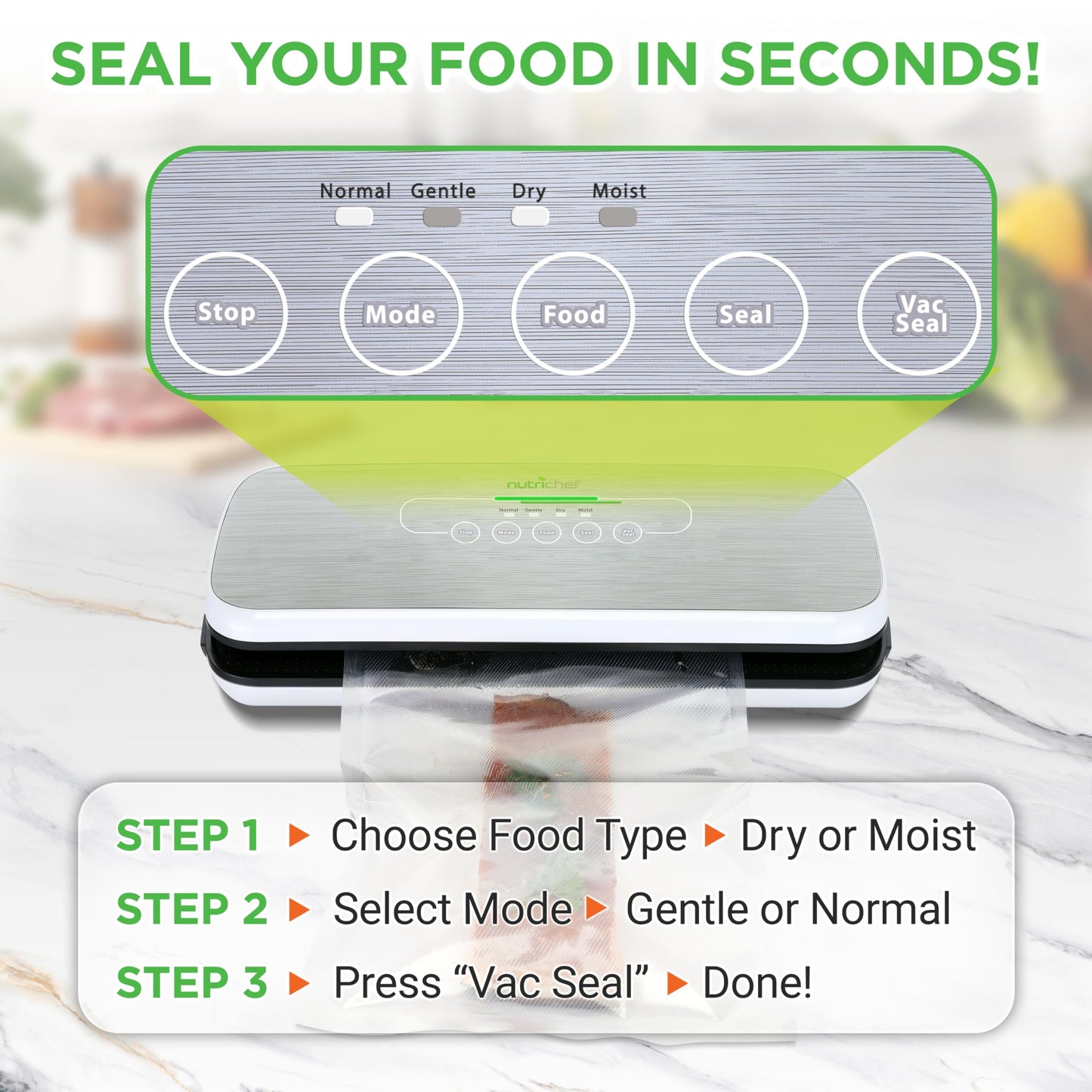 NutriChef Vacuum Sealer | Automatic Vacuum Air Sealing System For Food Preservation w/ Starter Kit | Compact Design | Lab Tested | Dry &amp; Moist Food Modes | Led Indicator Lights