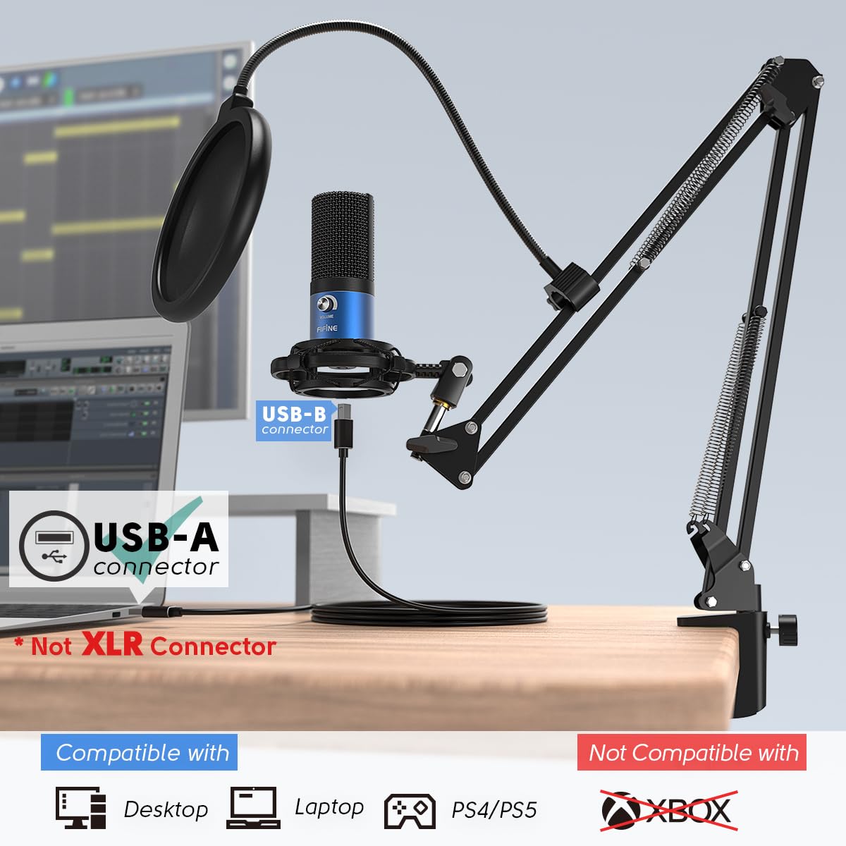 FIFINE Studio Condenser USB Microphone Computer PC Microphone Kit with Adjustable Boom Arm Stand Shock Mount for Instruments Voice Overs Recording Podcasting YouTube Vocal Gaming Streaming-T669