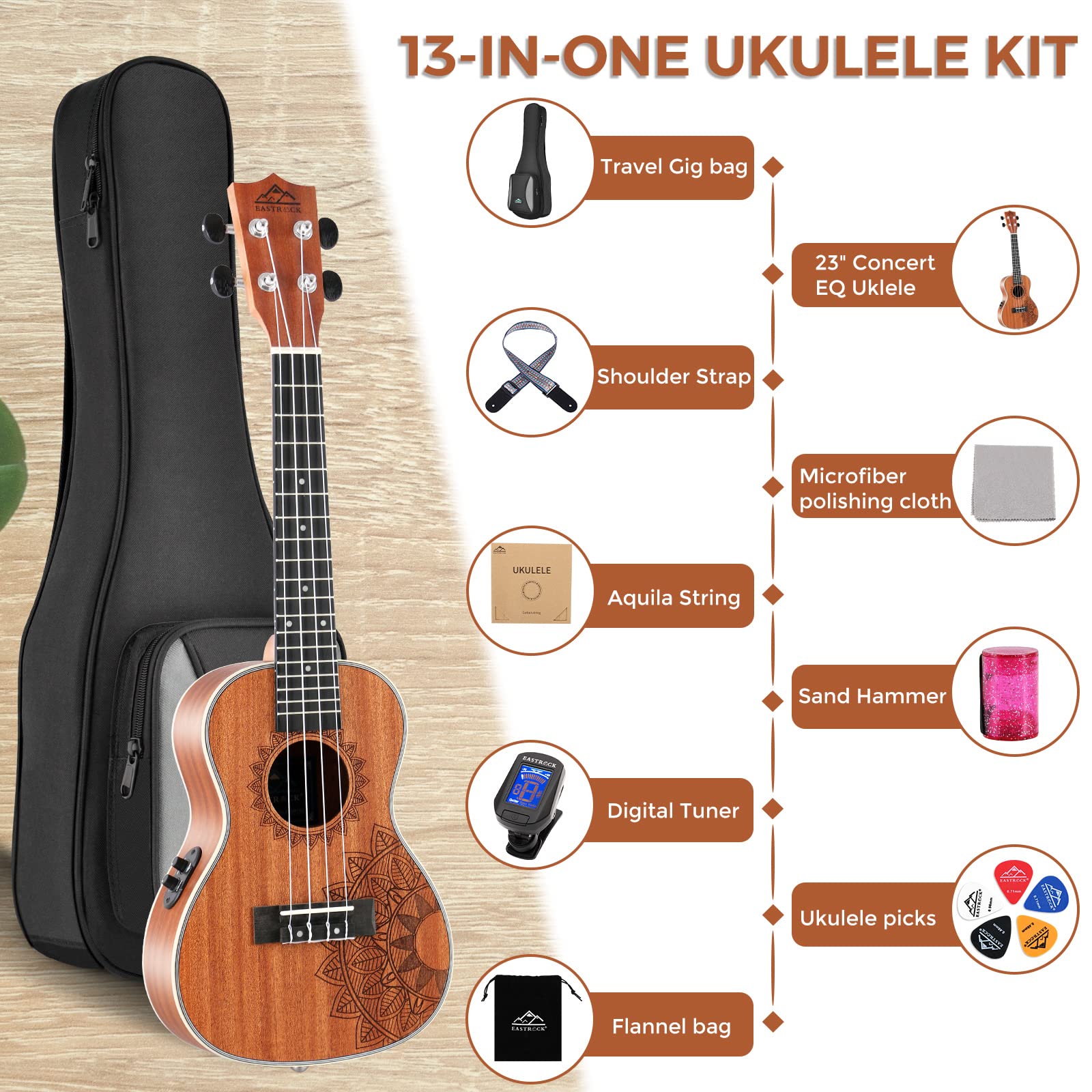 EASTROCK Concert Ukulele Mahogany Beginner 23 inch Ukelele Big Package Kit. Ukulele Ukalalee Suitable for adults, Beginners. (23-Mahogany)