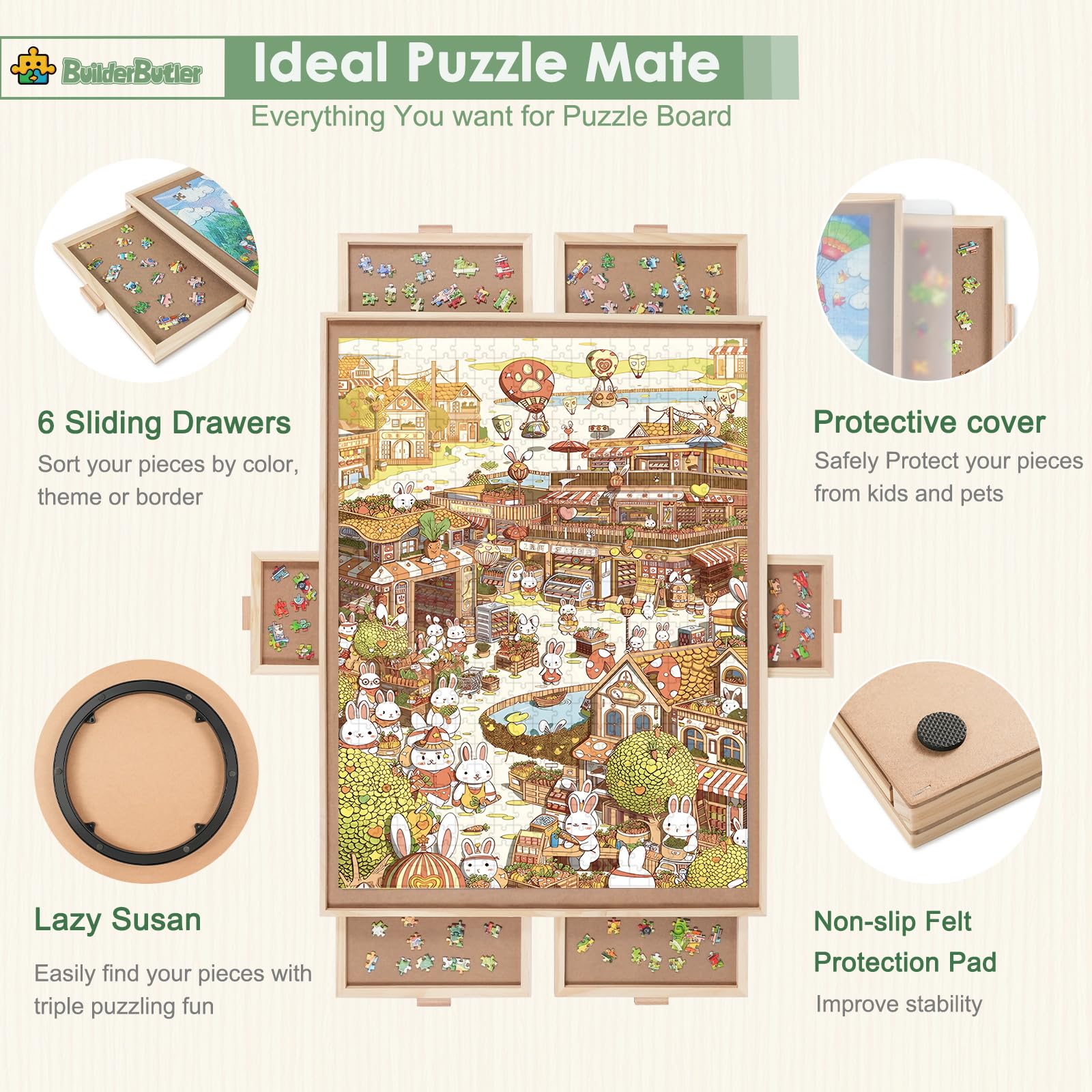 1000 Pieces Rotating Puzzle Board with 6 Drawers,30.9"x23.2" Portable Wooden Jigsaw Puzzle Table with Lazy Susan Spinning Cover