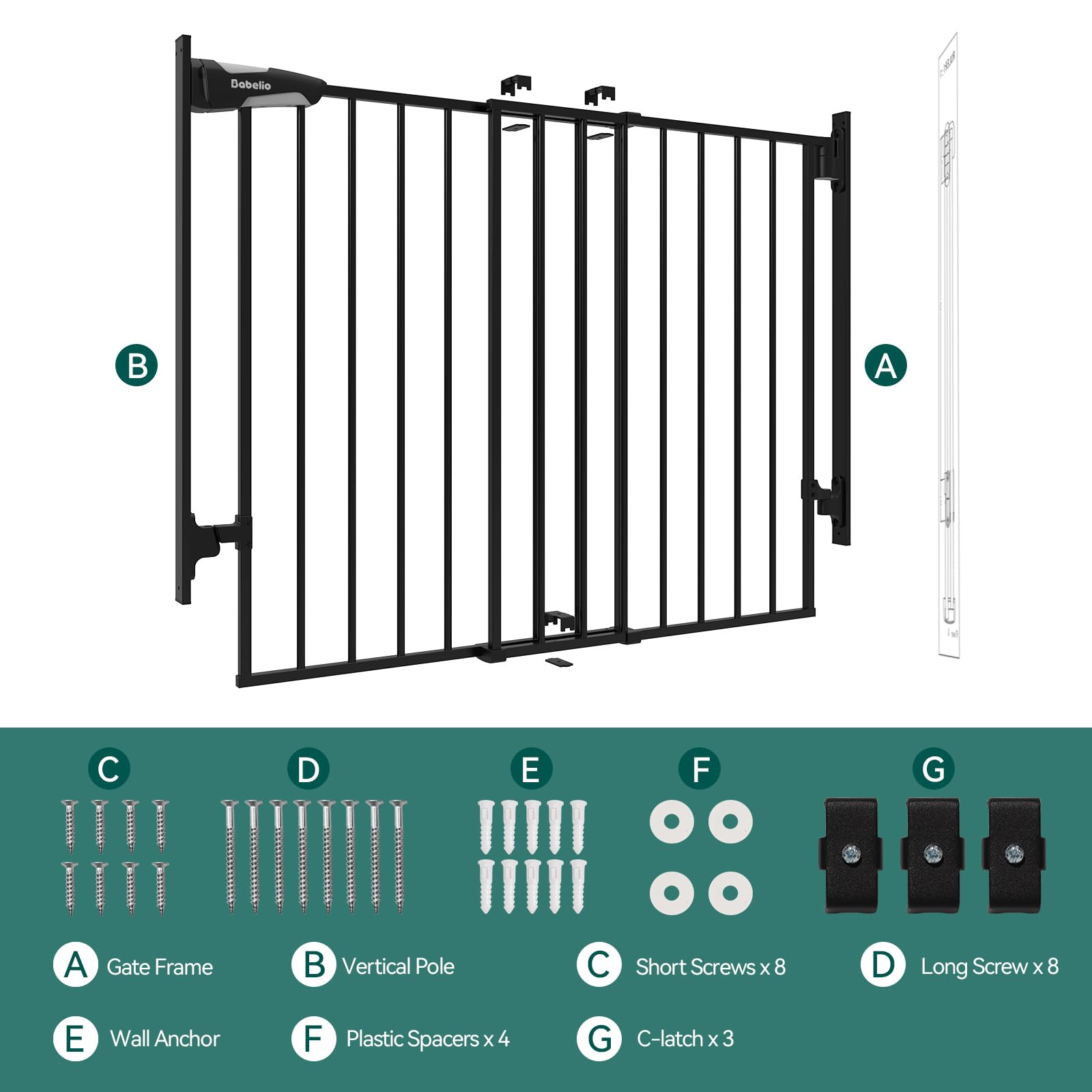 Babelio 26-43" No Bottom Bar Baby Gate for Babies, Elders and Pets, 2-in-1 Hardware Mount Dog Gate for The House, Stairs and Doorways, with Large Walk Thru Door, Black