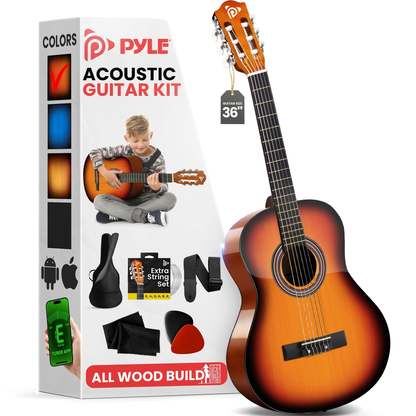 Pyle Left Handed Beginner Acoustic Guitar Kit, 1/4 Junior Size All Wood Build Nylon Stringed Instrument with Capo, Strap, Extra String Set, Gig Bag, Guitars for Beginners Adults Youth, 30" Natural