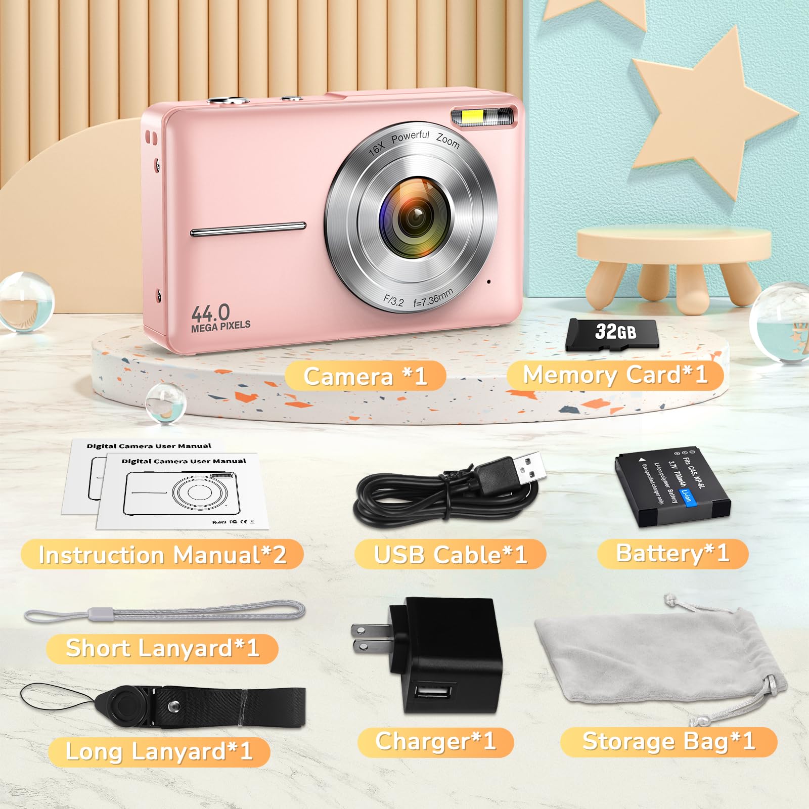 Digital Camera, 2024 Upgraded FHD 1080P Digital Camera for Kids with 16X Zoom, Flashlight, 32GB Card, 44MP Point and Shoot Camera Compact Small Selfie Camera for Girls, Boys, Teens, Students,Pink