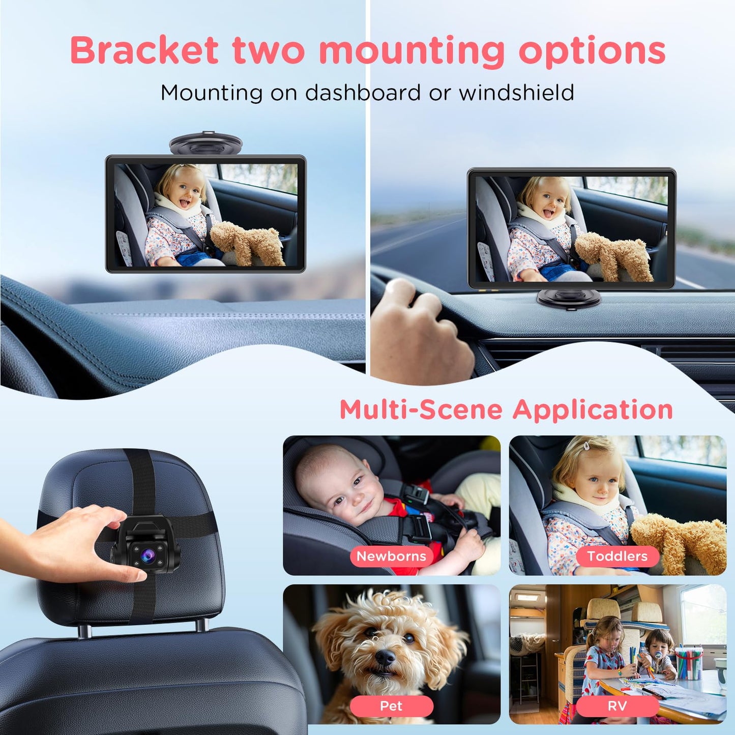 Baby Car Camera, 7'' 2K Mirror Monitor with Night Vision, Video Recording, and 3X Zoom for Clear Wide View of Rear-Facing Seat