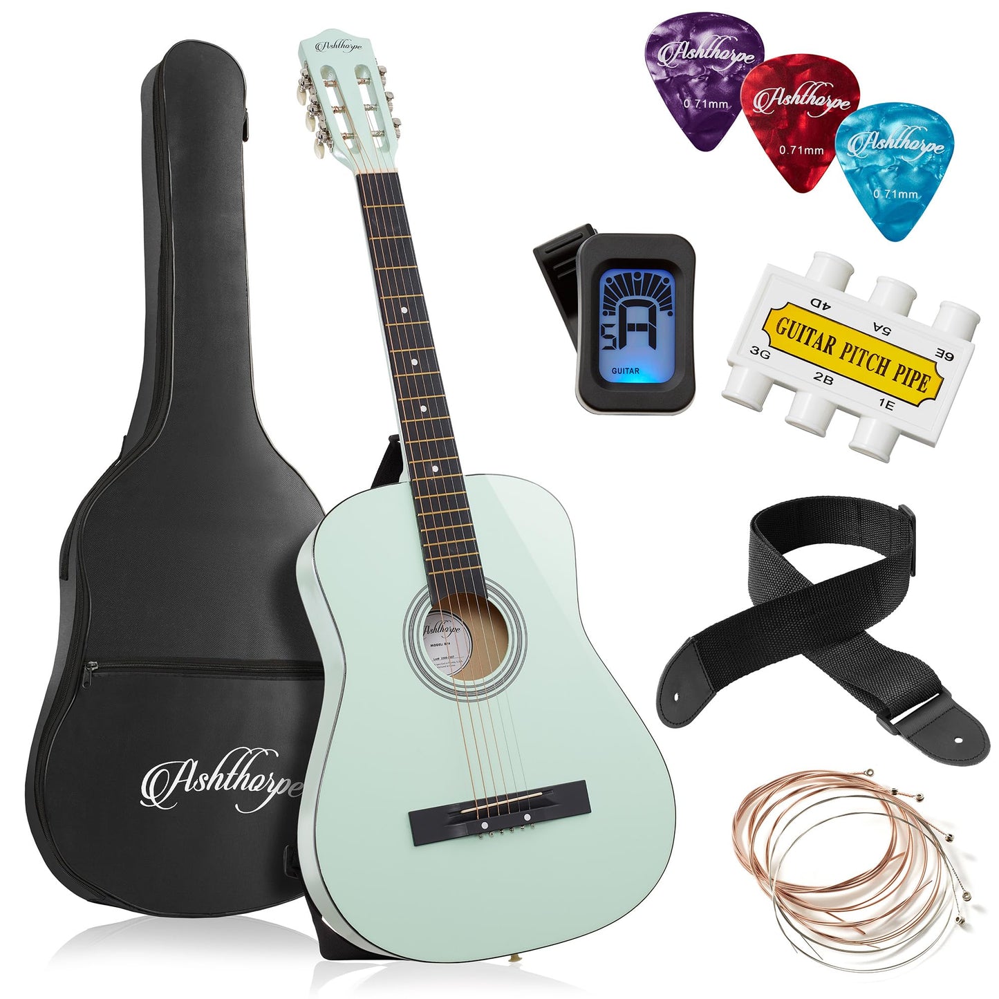 Ashthorpe 30-inch Beginner Acoustic Guitar Package (Black), Basic Starter Kit w/Gig Bag, Strings, Strap, Tuner, Picks