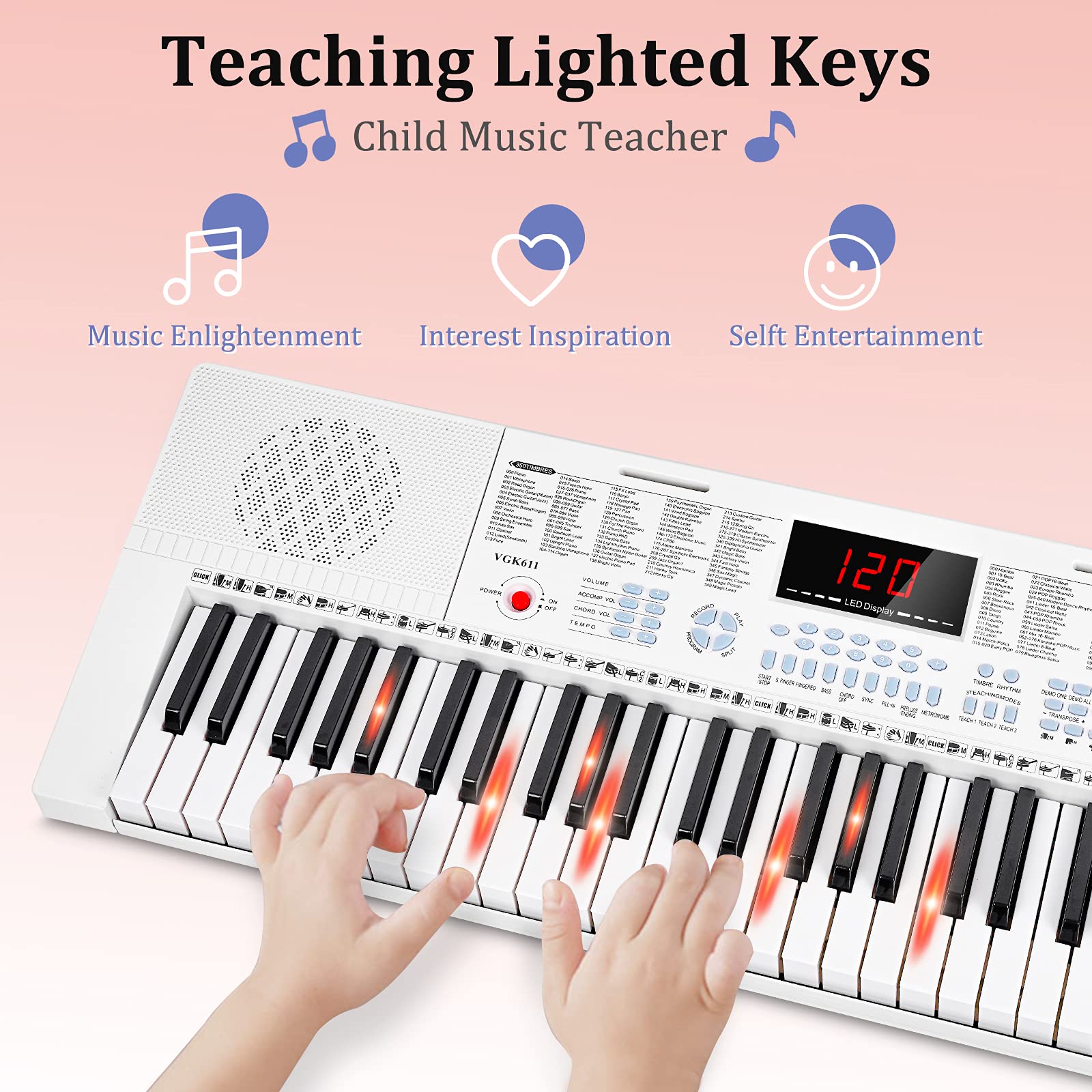 Vangoa 61-Key Light-Up Keyboard Piano for Beginners, 350 Tones &amp; Timbres, 3 Teaching Modes, With Microphone, Black