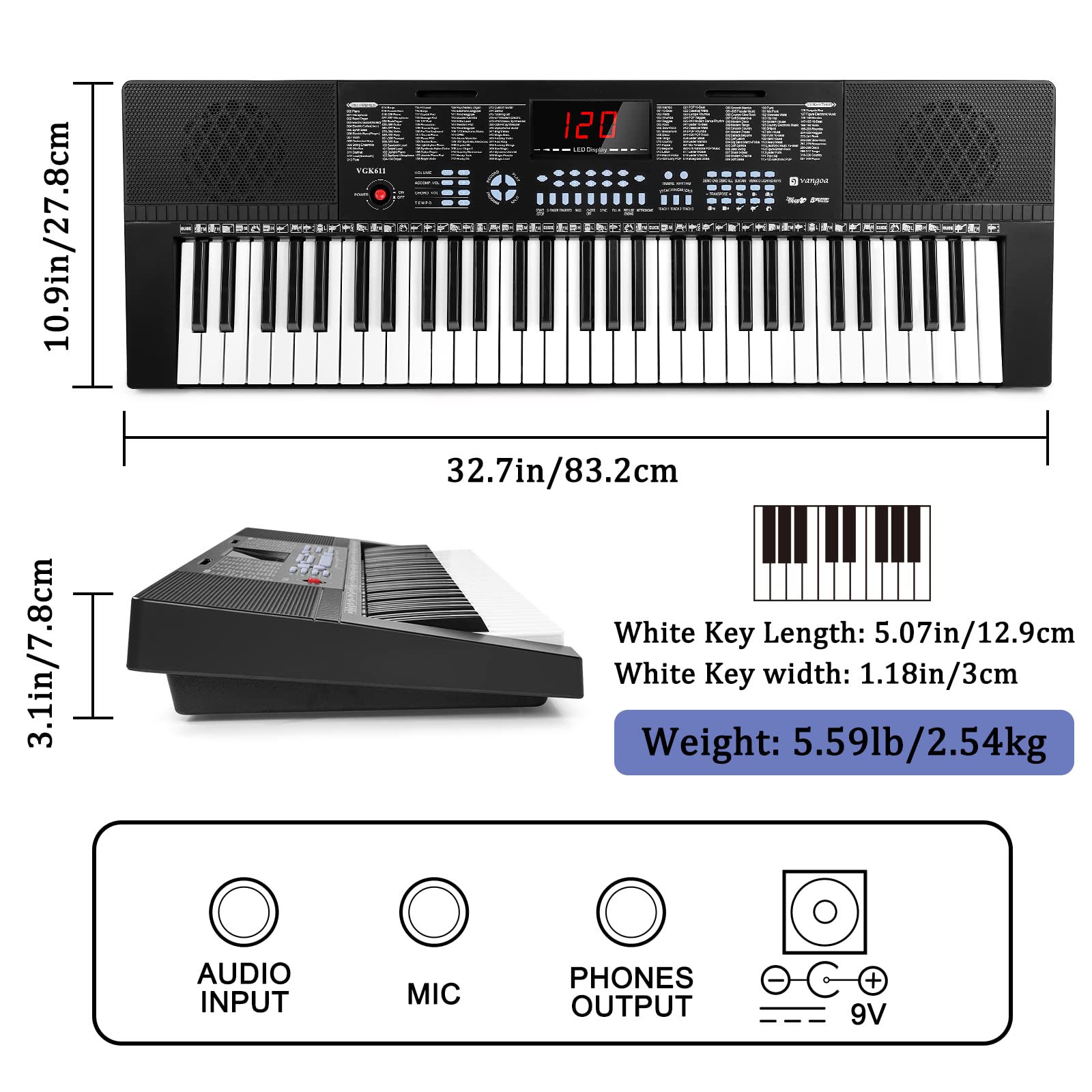 Vangoa 61-Key Light-Up Keyboard Piano for Beginners, 350 Tones &amp; Timbres, 3 Teaching Modes, With Microphone, Black