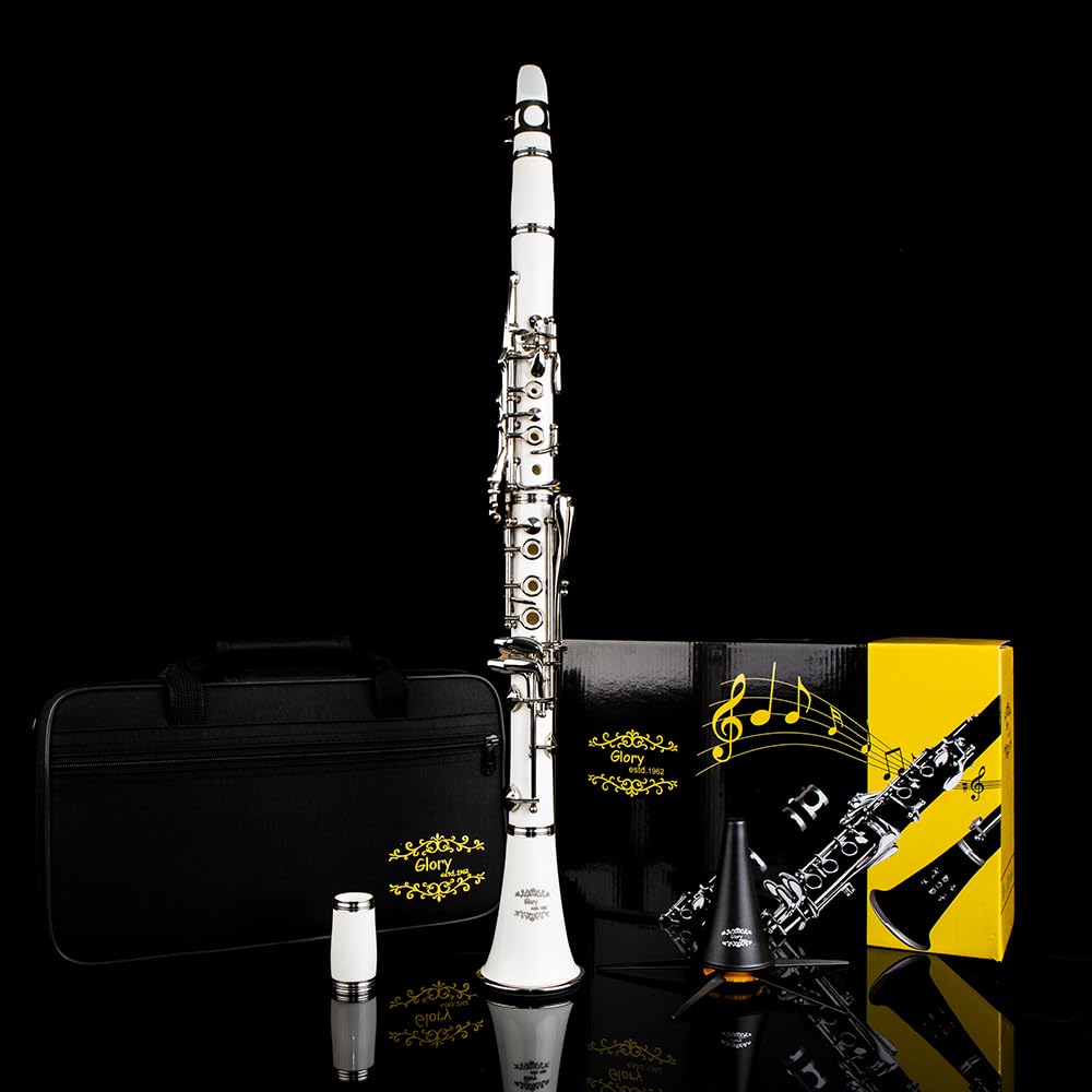 Glory GLY-CLADBL Professional Ebonite Bb Clarinet with 10 Reeds, Stand, Hard Case, Cleaning Cloth, Cork Grease, Mouthpiece Brush and Pad Brush,Dark Blue/Silver